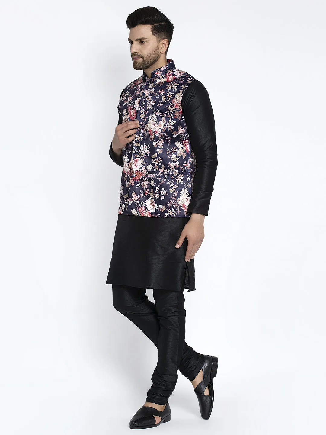 Men's Silk Blend Black Kurta With Pyjama & Navy Blue Printed Nehru Jacket - Benstoke