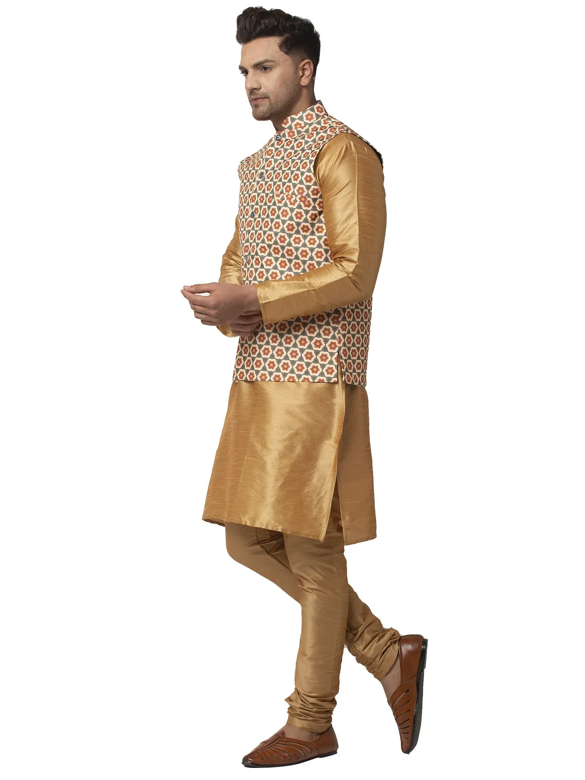 Men's Silk Blend Copper Kurta With Pyjama & Olive Green Printed Nehru Jacket - Benstoke