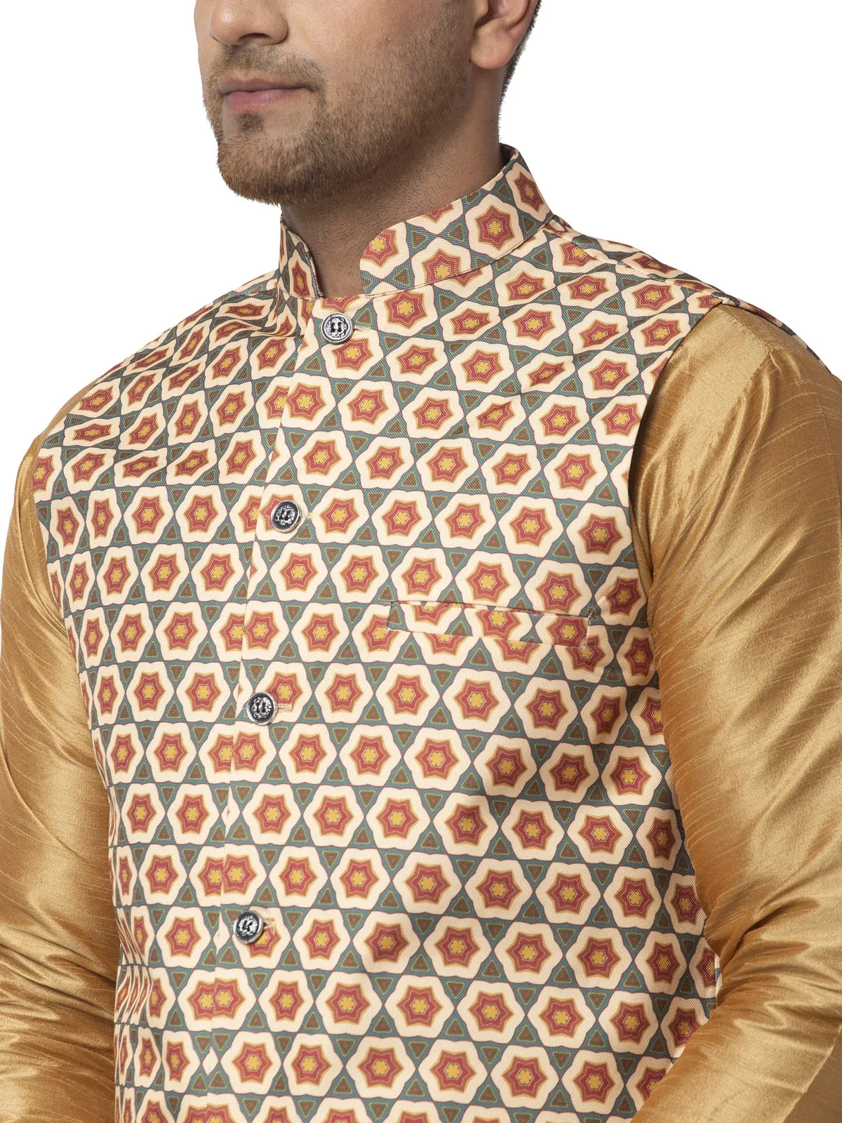 Men's Silk Blend Copper Kurta With Pyjama & Olive Green Printed Nehru Jacket - Benstoke