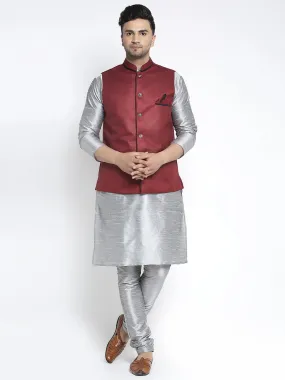 Men's Silk Blend Grey Kurta With Pyjama & Maroon Nehru Jacket - Benstoke