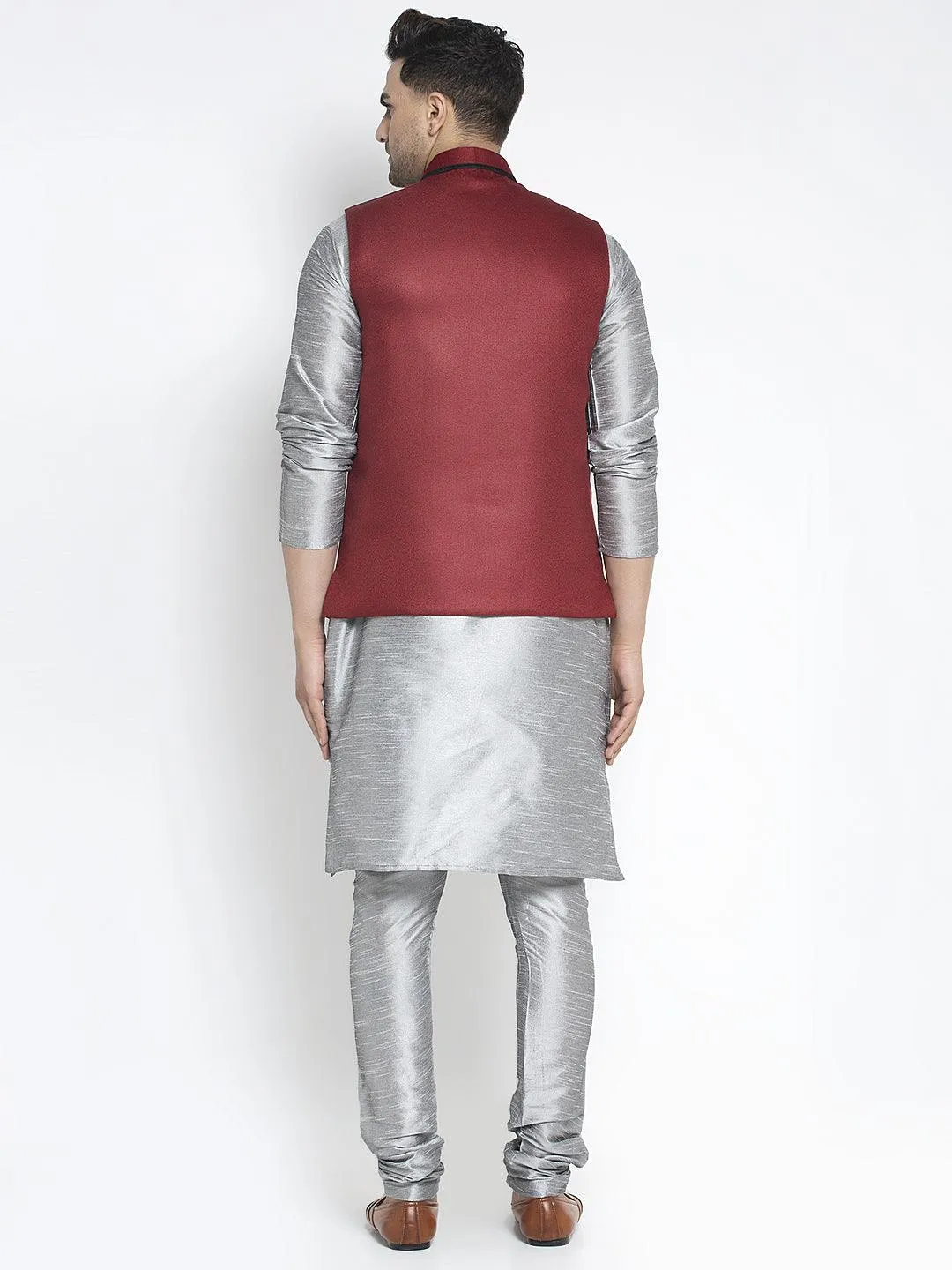 Men's Silk Blend Grey Kurta With Pyjama & Maroon Nehru Jacket - Benstoke