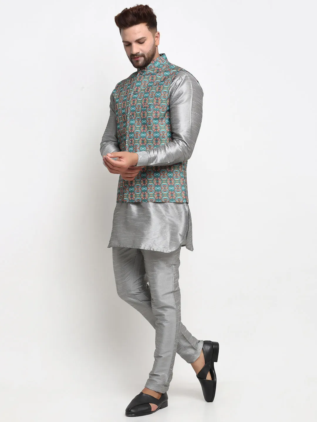 Men's Silk Blend Grey Kurta With Pyjama & Sea Green Printed Nehru Jacket - Benstoke