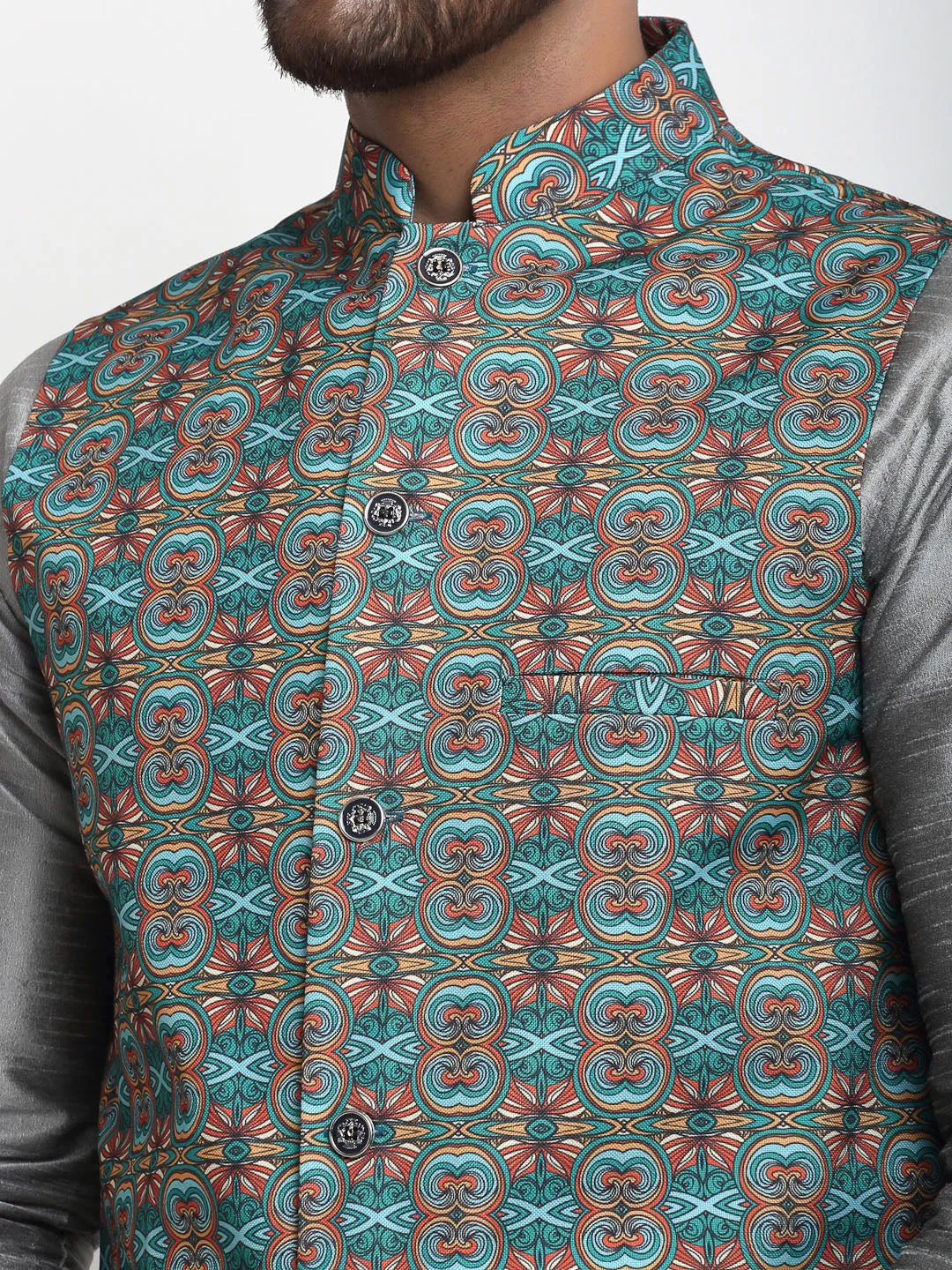 Men's Silk Blend Grey Kurta With Pyjama & Sea Green Printed Nehru Jacket - Benstoke