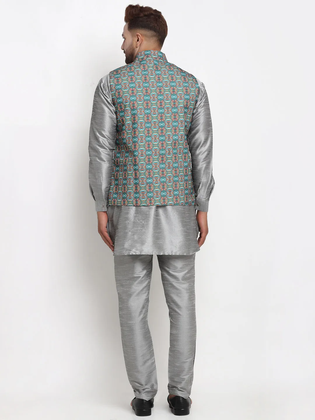 Men's Silk Blend Grey Kurta With Pyjama & Sea Green Printed Nehru Jacket - Benstoke