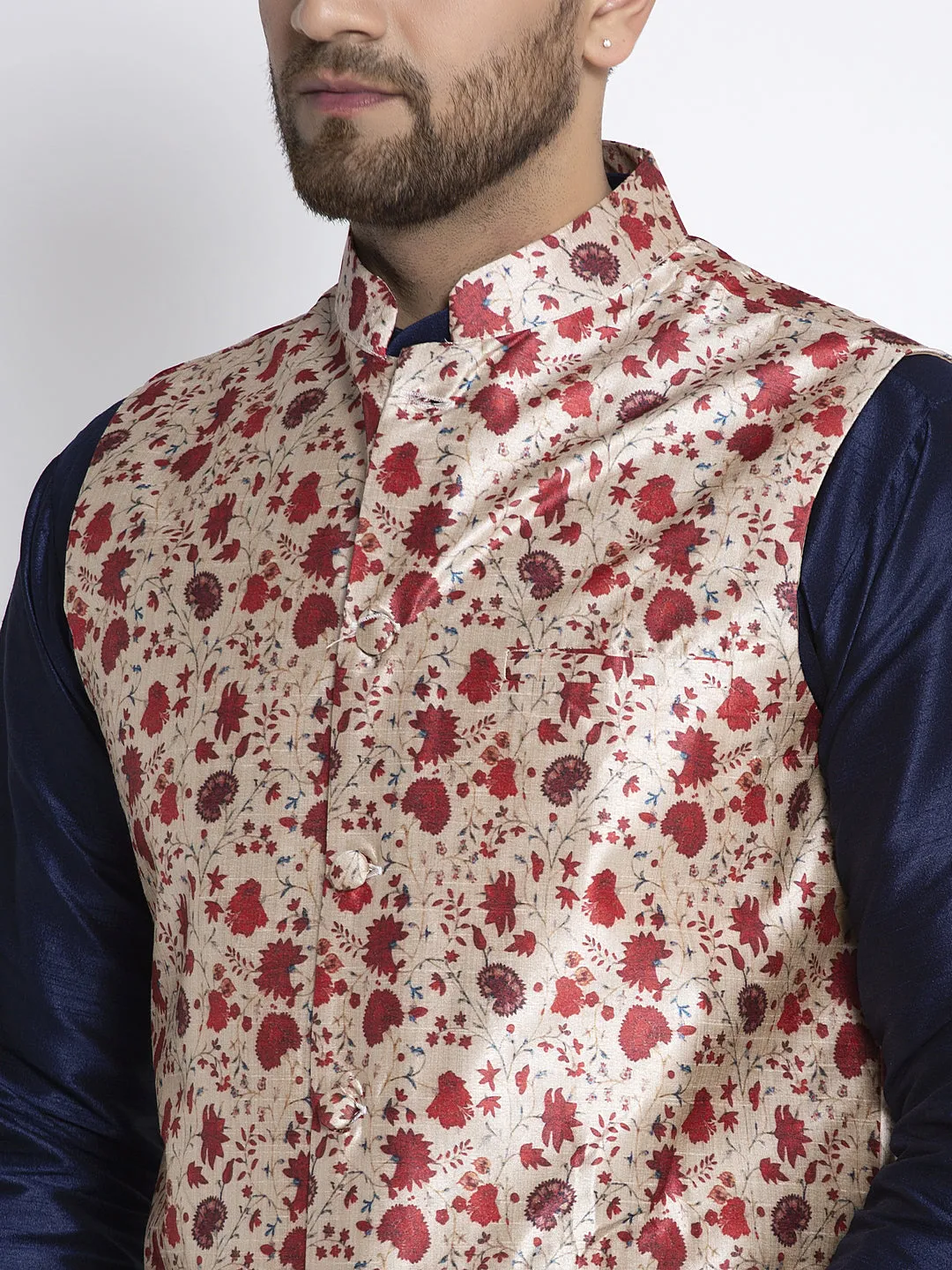 Men's Silk Blend Navy Blue Kurta With Pyjama & Beige Printed Nehru Jacket - Benstoke