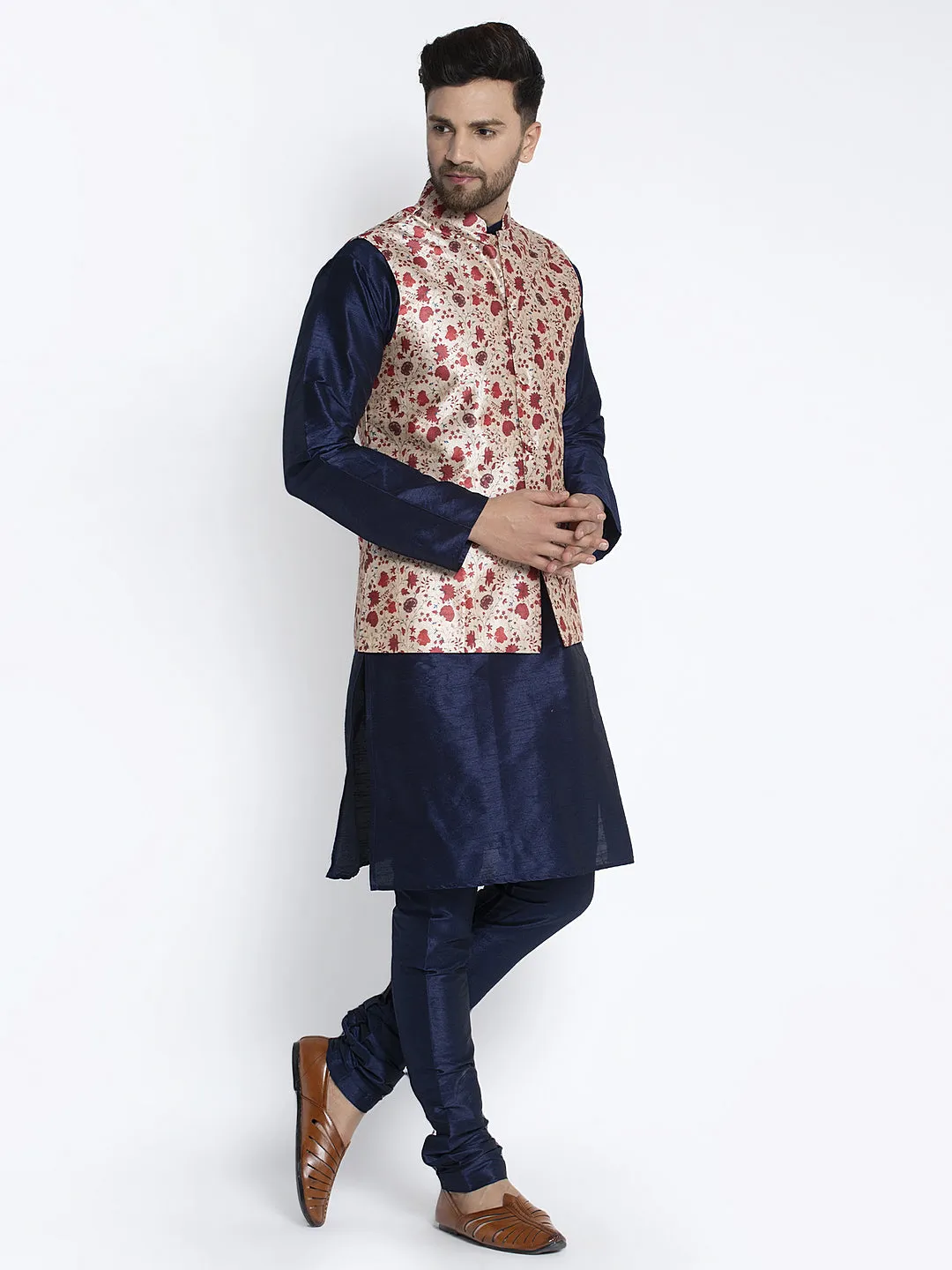 Men's Silk Blend Navy Blue Kurta With Pyjama & Beige Printed Nehru Jacket - Benstoke