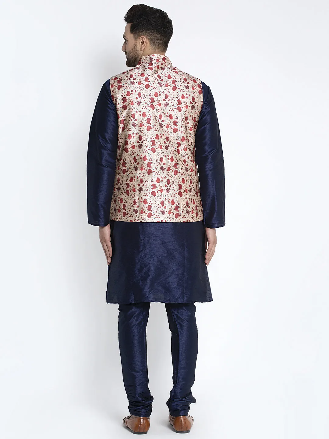 Men's Silk Blend Navy Blue Kurta With Pyjama & Beige Printed Nehru Jacket - Benstoke