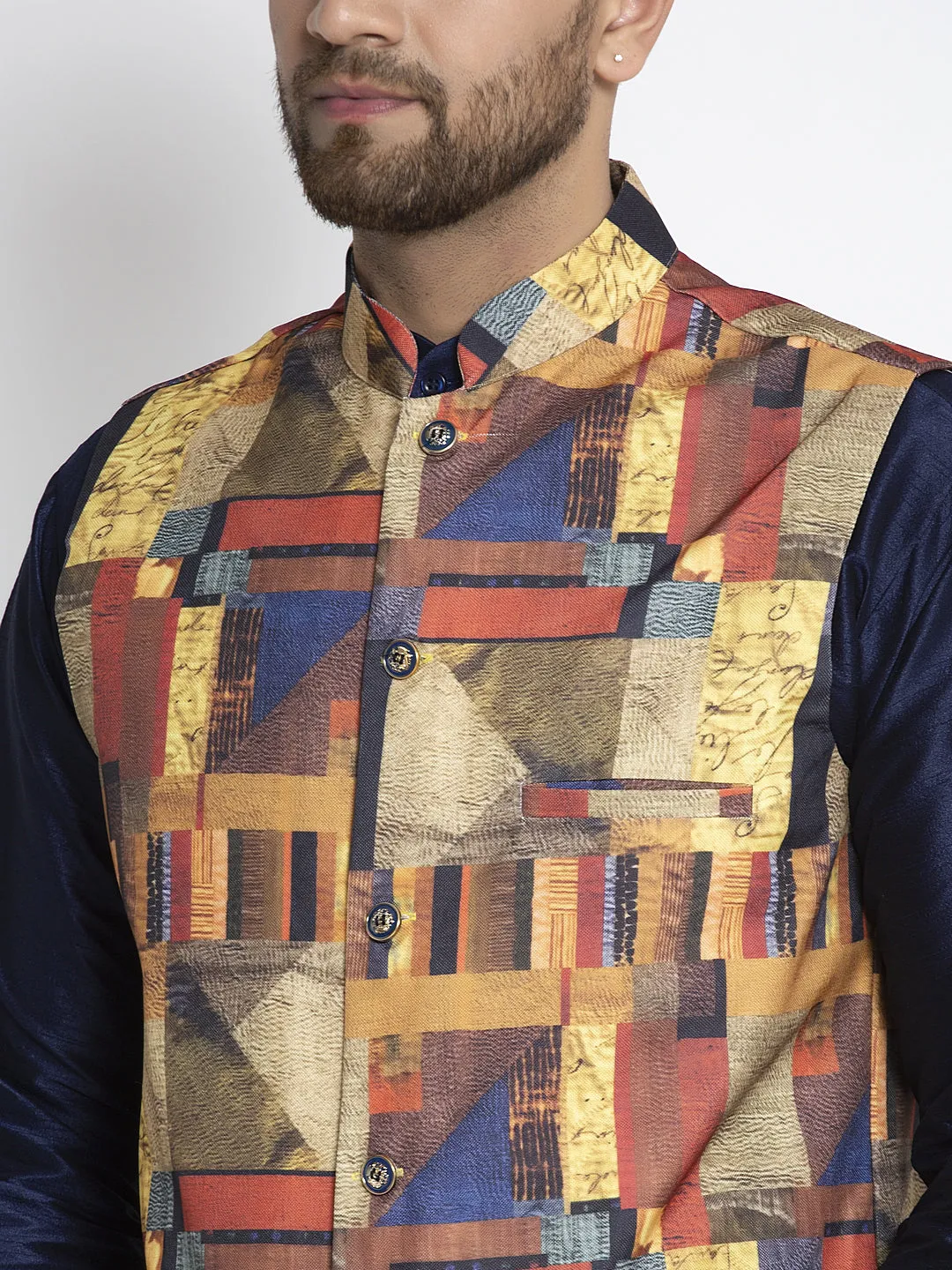 Men's Silk Blend Navy Blue Kurta With Pyjama & Multi Printed Nehru Jacket - Benstoke