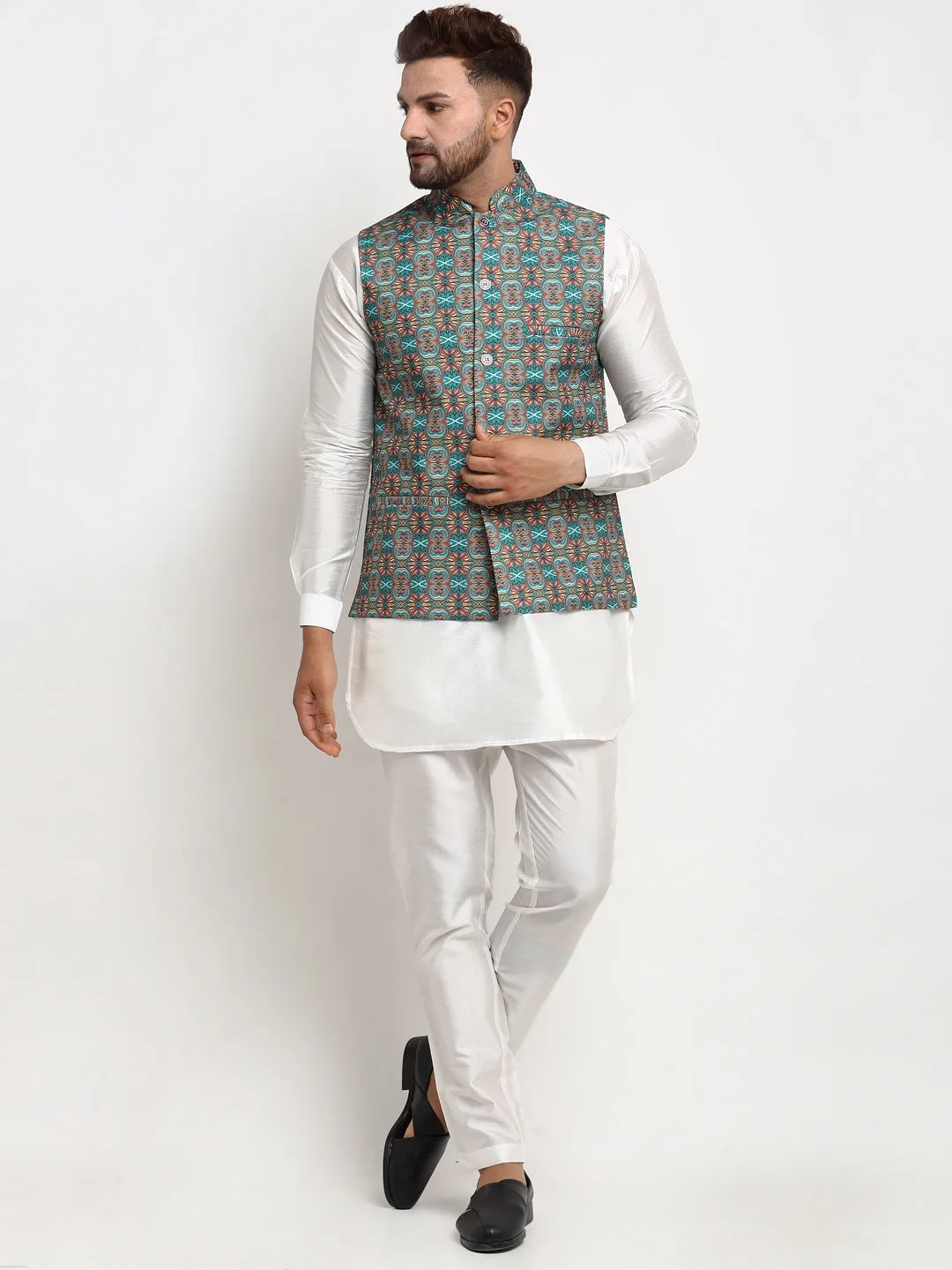 Men's Silk Blend White Kurta With Pyjama & Sea Green Printed Nehru Jacket - Benstoke