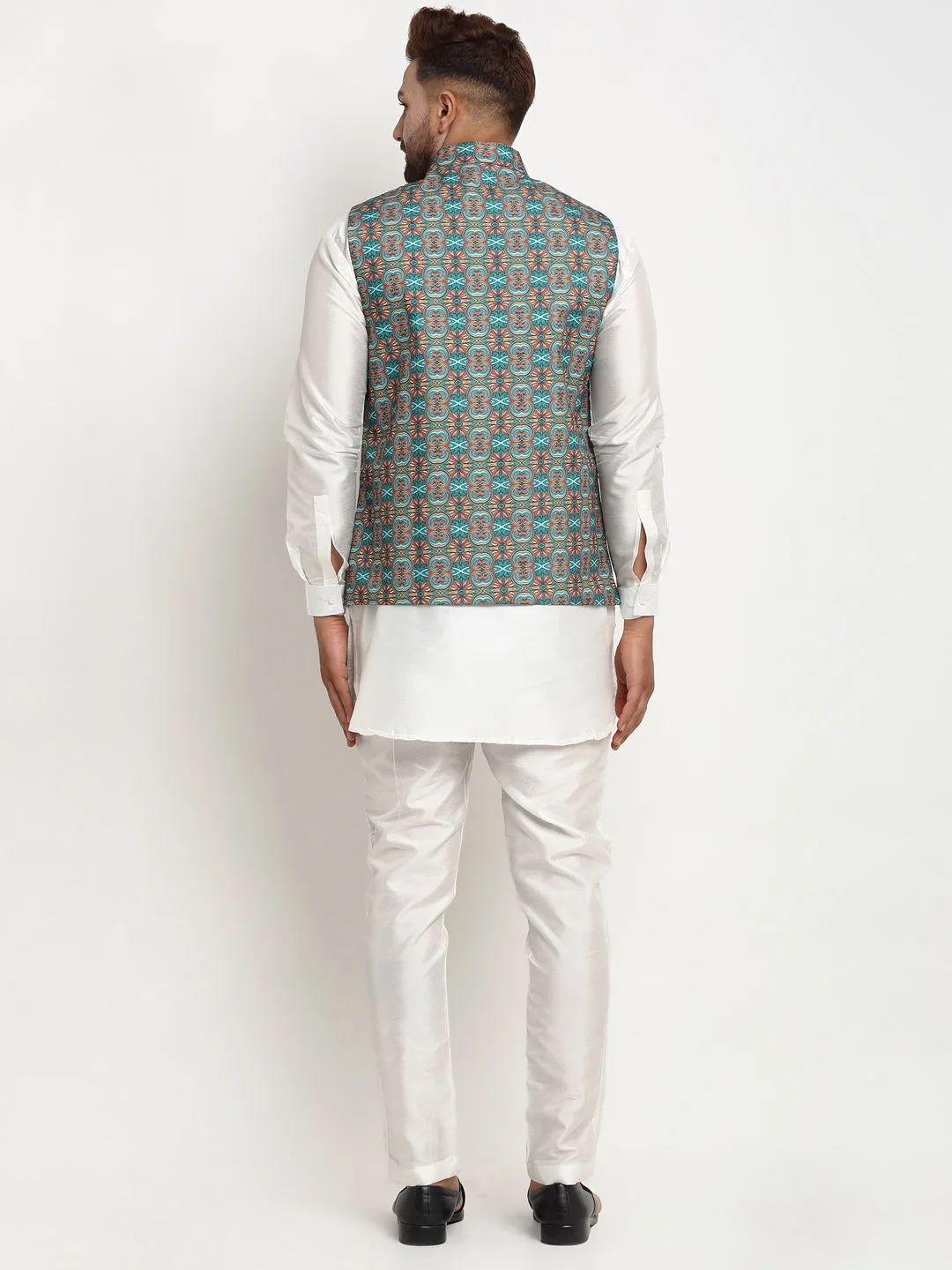 Men's Silk Blend White Kurta With Pyjama & Sea Green Printed Nehru Jacket - Benstoke