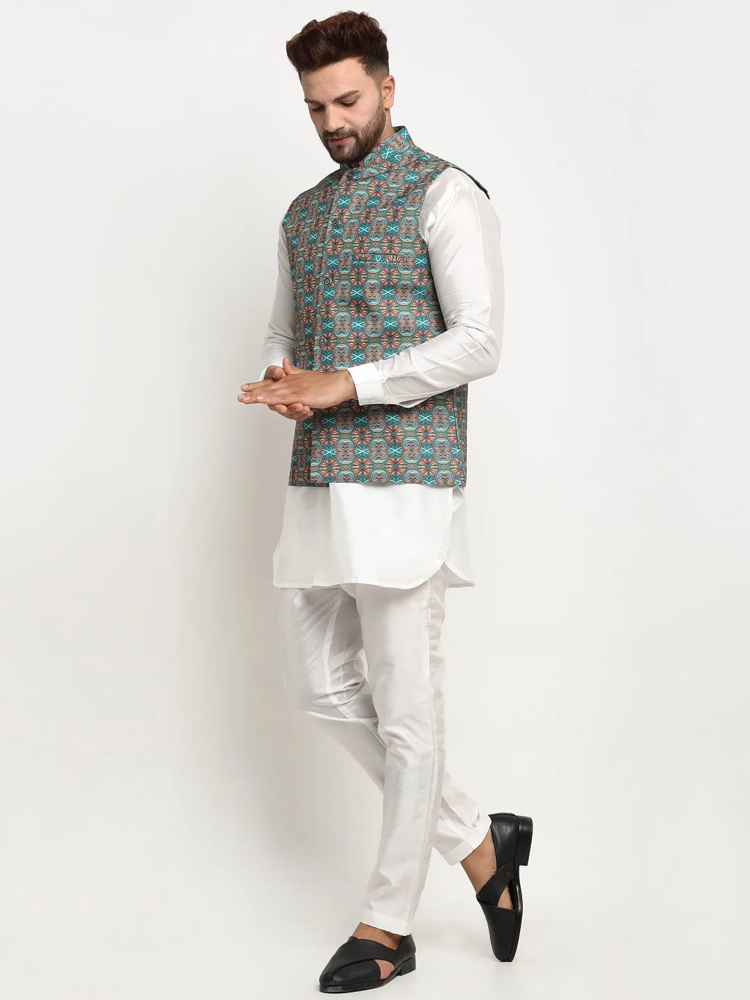 Men's Silk Blend White Kurta With Pyjama & Sea Green Printed Nehru Jacket - Benstoke