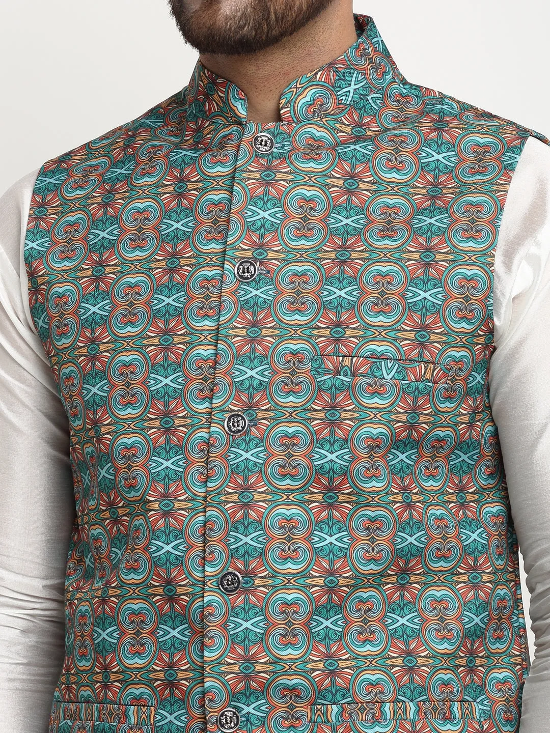 Men's Silk Blend White Kurta With Pyjama & Sea Green Printed Nehru Jacket - Benstoke