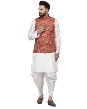 Men's White Kurta With Dhoti & Orange Printed Nehru Jacket - Benstoke