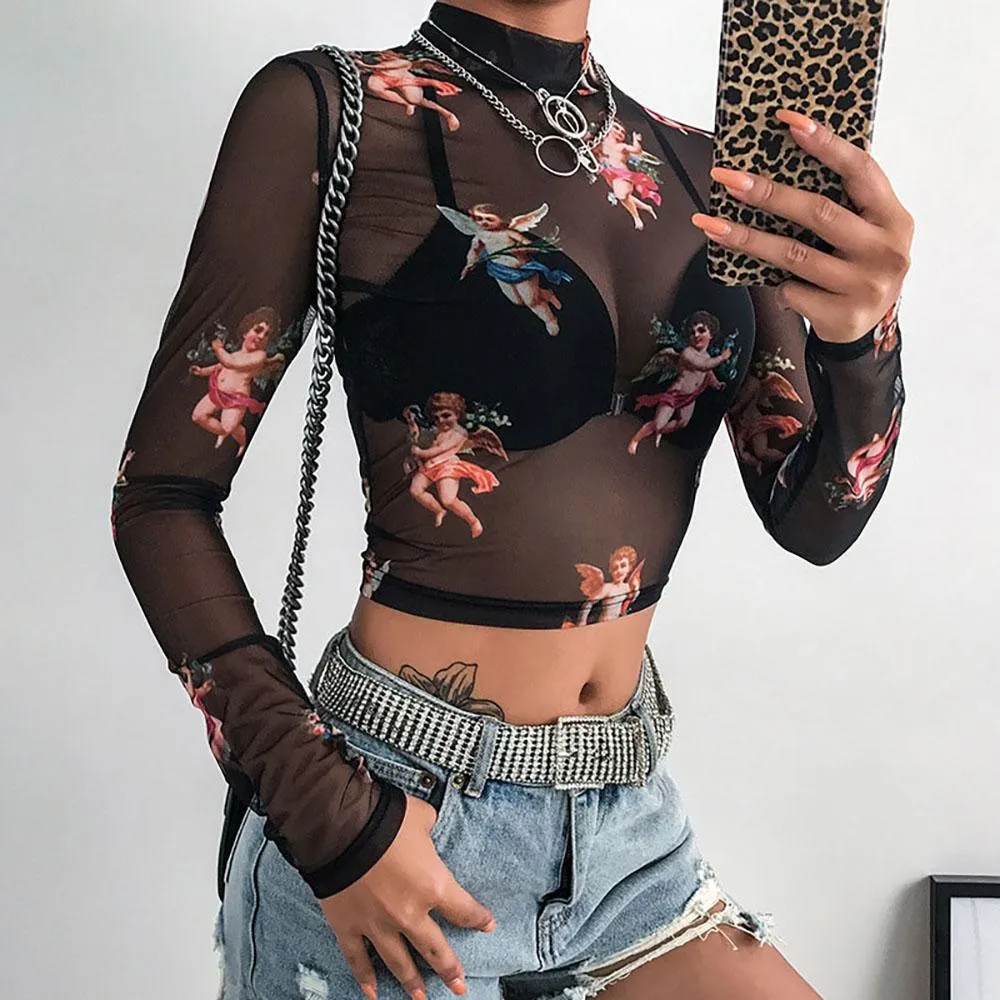 Mesh Crop Top Long Sleeves