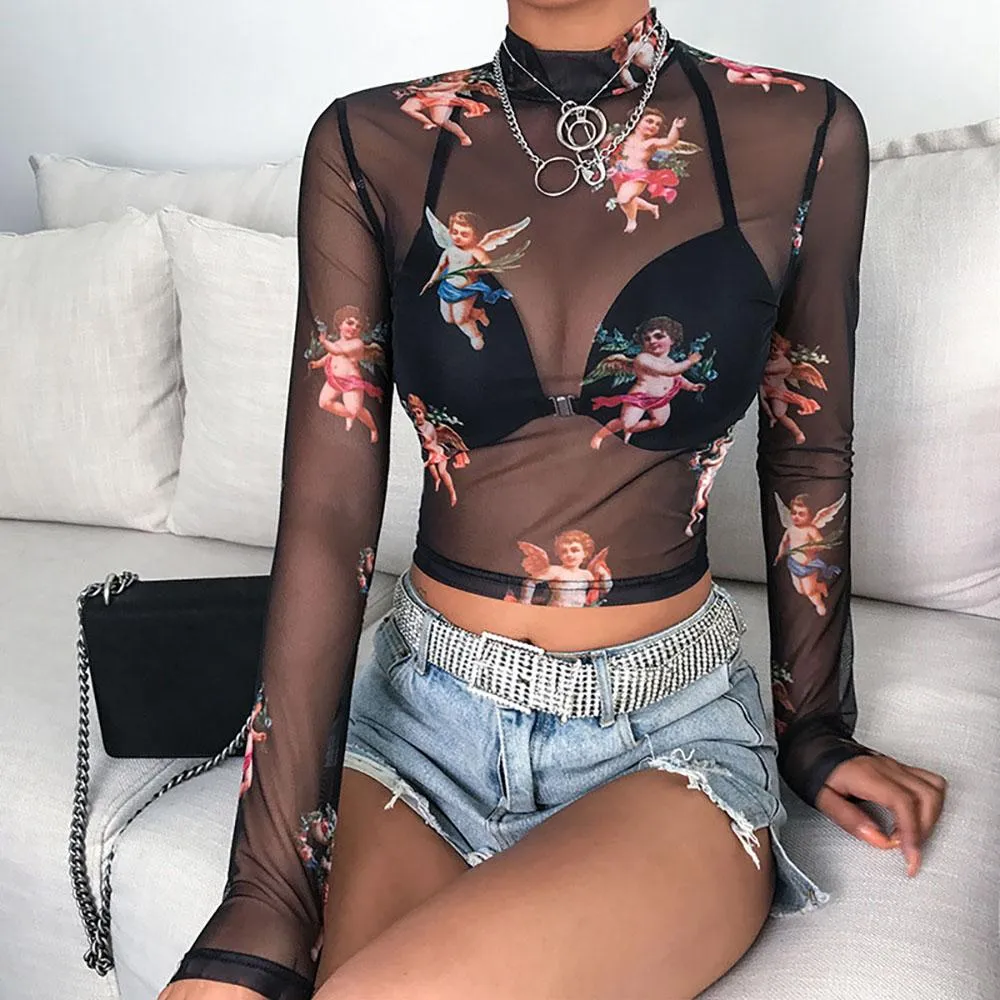 Mesh Crop Top Long Sleeves