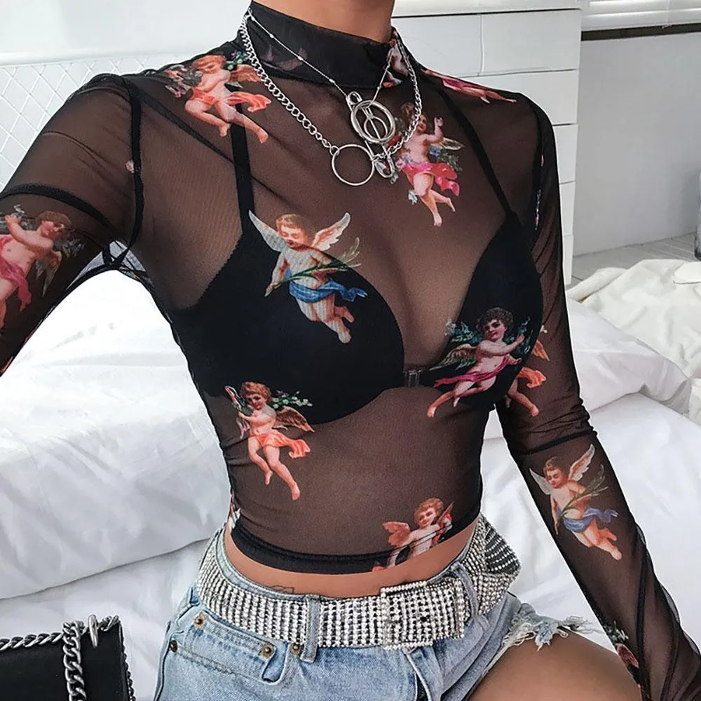 Mesh Crop Top Long Sleeves