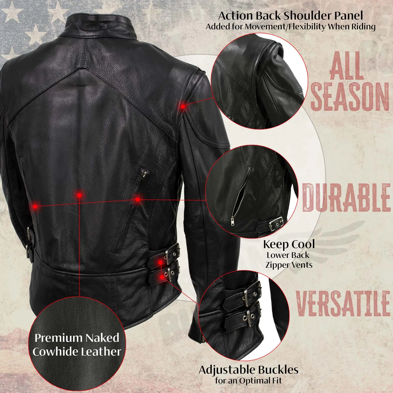 Milwaukee Leather USA MADE MLJKL5001 Women's Black 'Foxy' Premium Motorcycle Leather Jacket with Vents