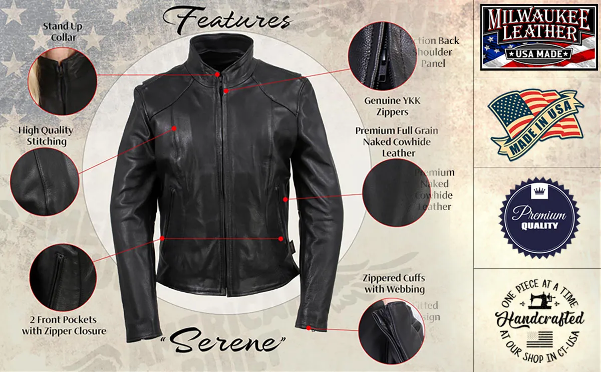 Milwaukee Leather USA MADE MLJKL5003 Women's Black 'Serene' Clean Cut Premium Motorcycle Leather Jacket