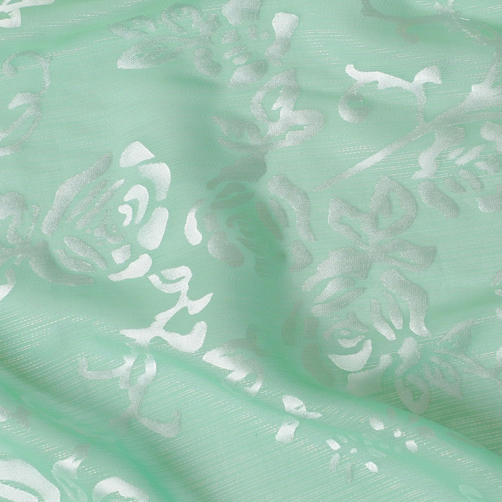 Mint green Premim pure silk chiffon fabric with silver jacquard in floral design-D15328