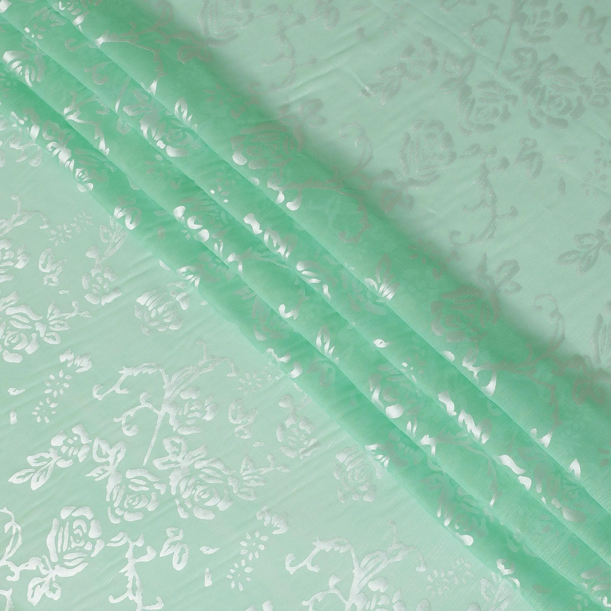 Mint green Premim pure silk chiffon fabric with silver jacquard in floral design-D15328