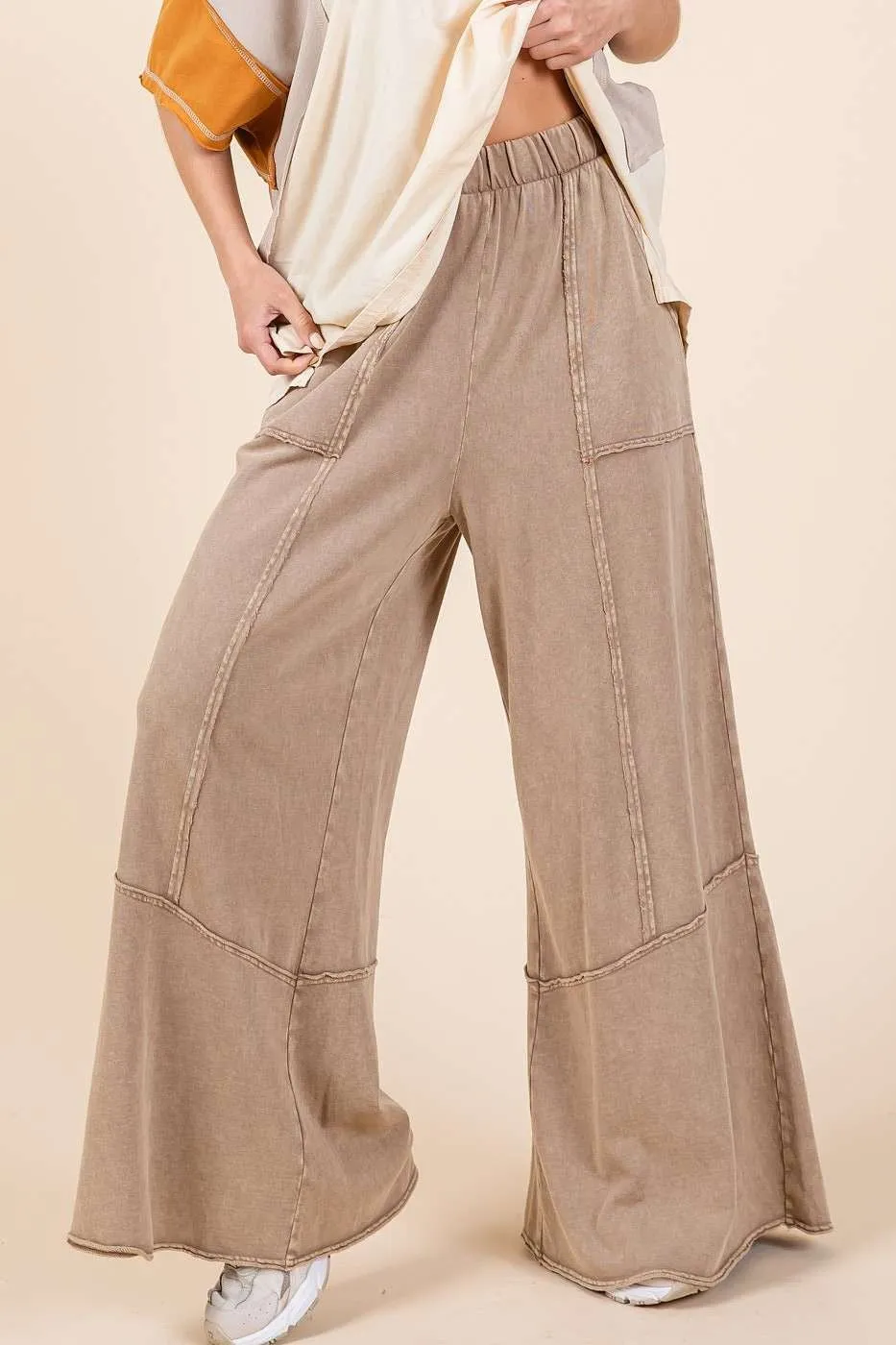 Mittoshop Mineral Washed Wide Leg Pants in Toast