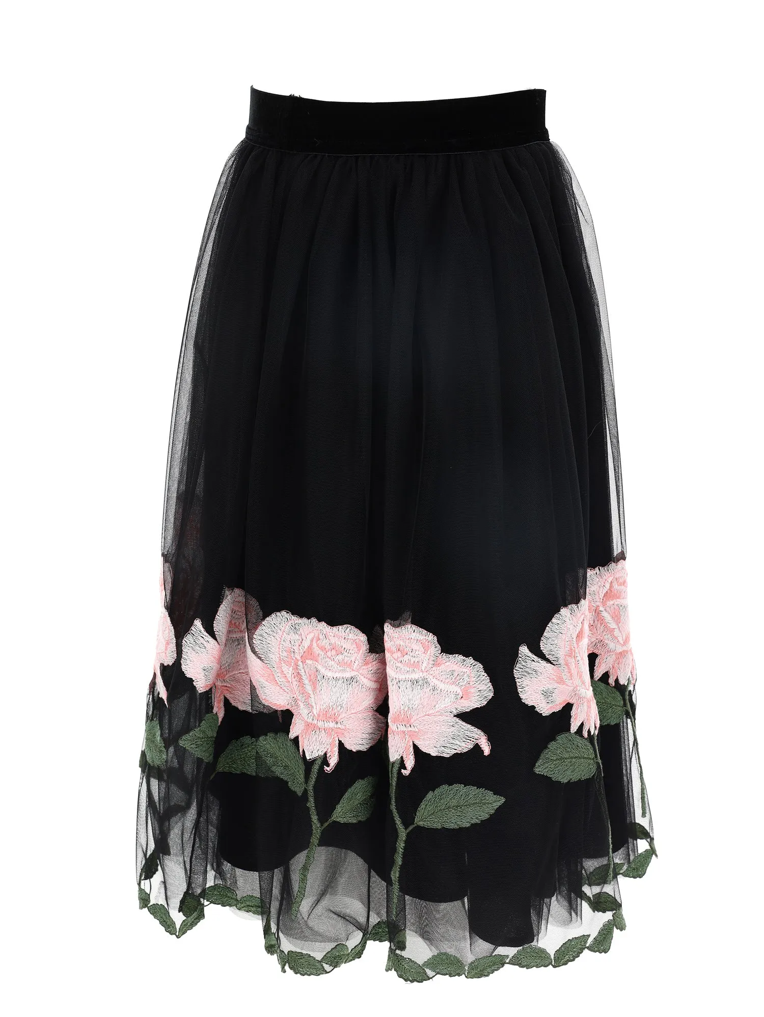 ML Black&Pink Roses Tulle Midi Skirt