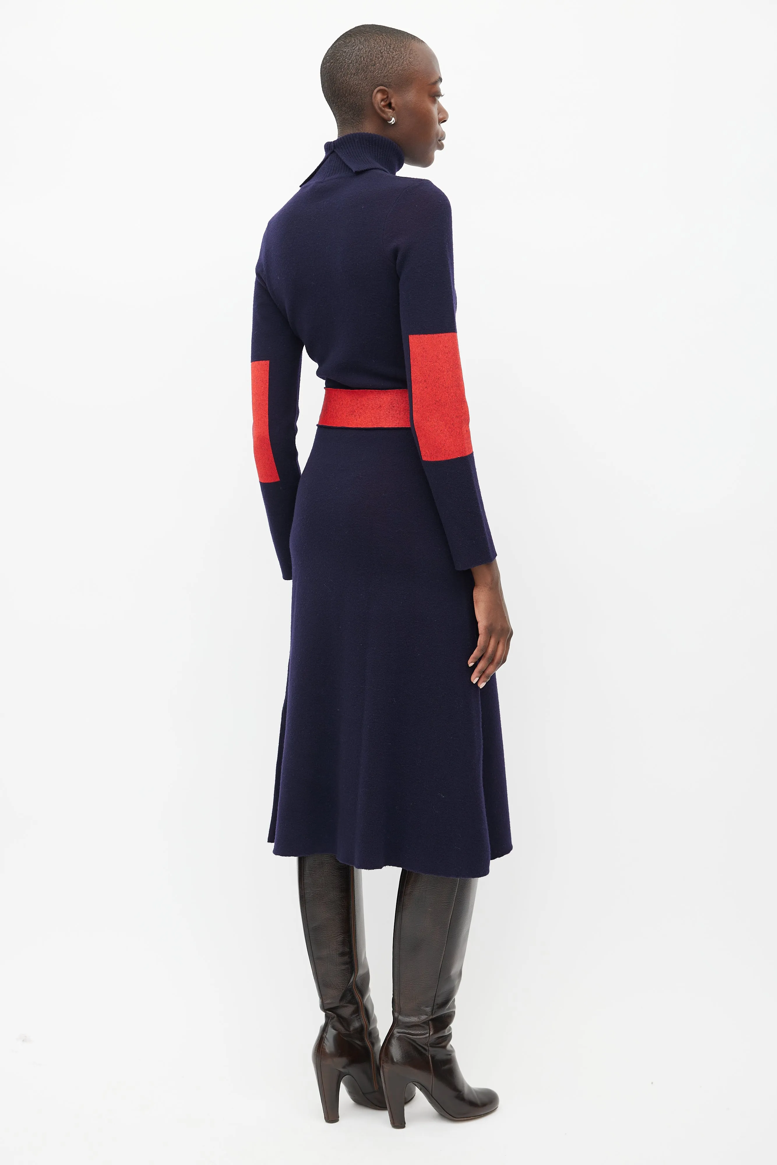 Navy & Red Wool Belted Dress