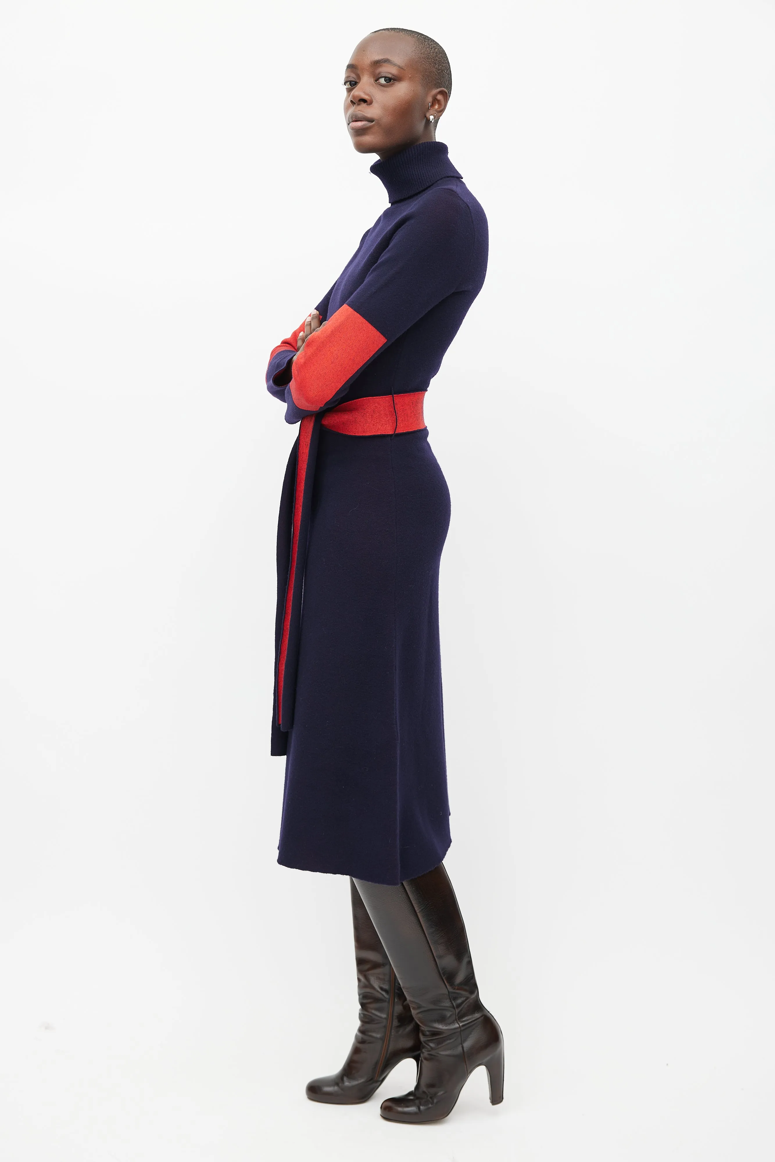 Navy & Red Wool Belted Dress