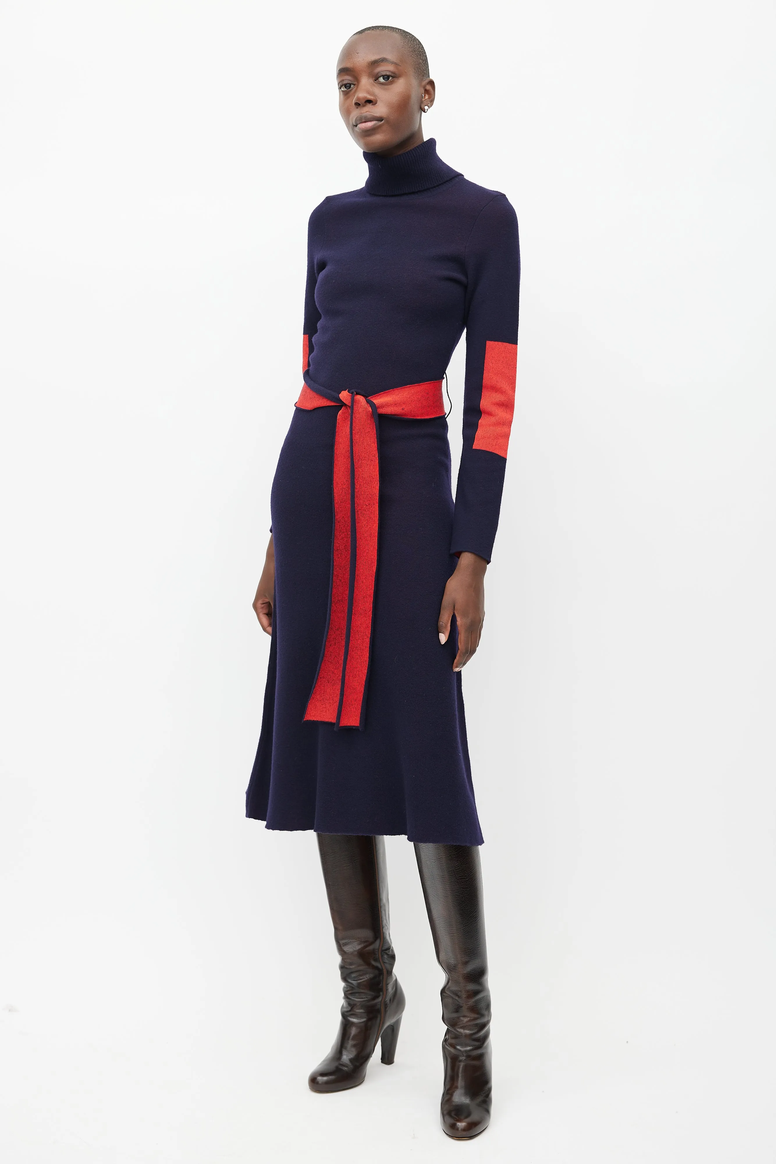 Navy & Red Wool Belted Dress