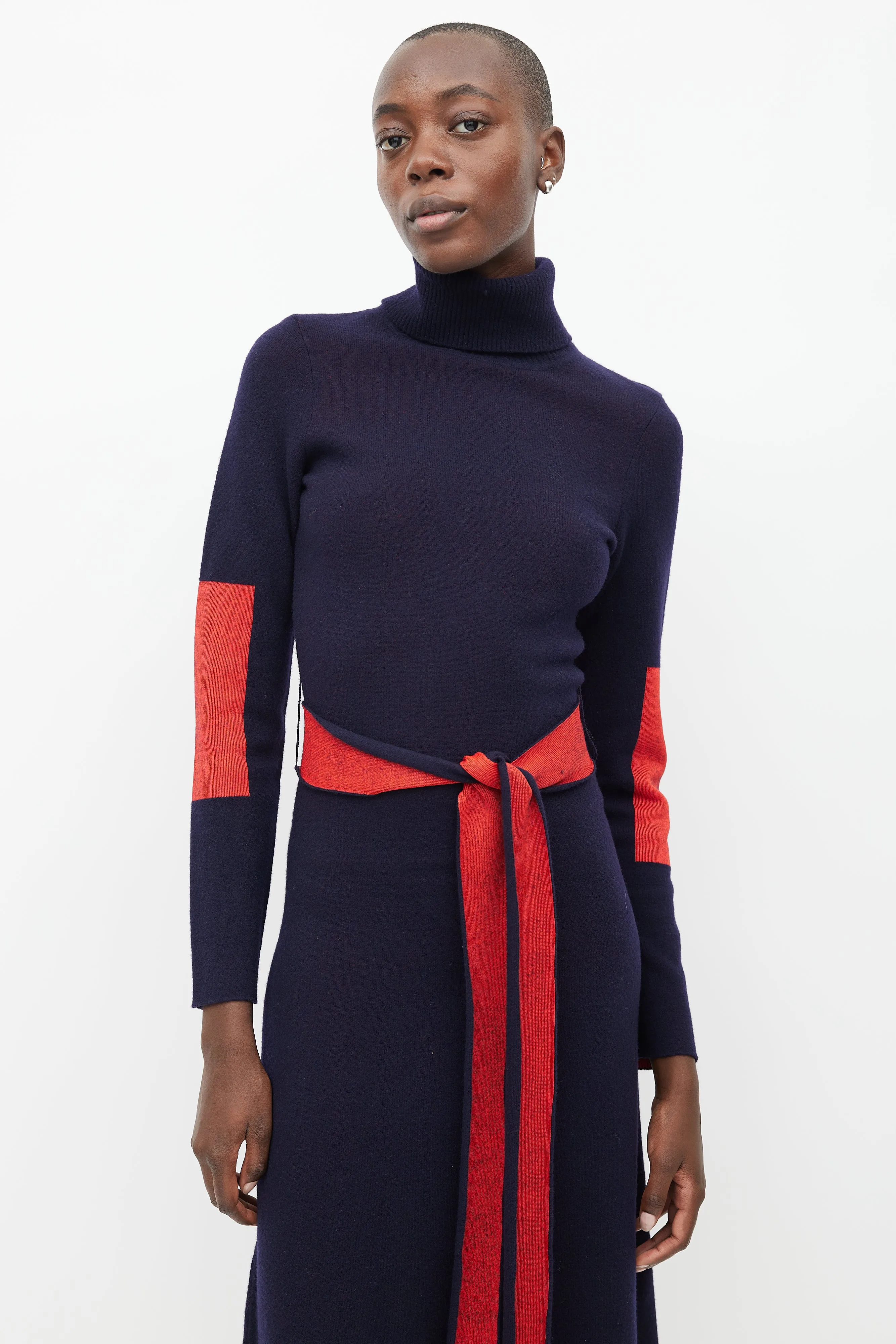 Navy & Red Wool Belted Dress