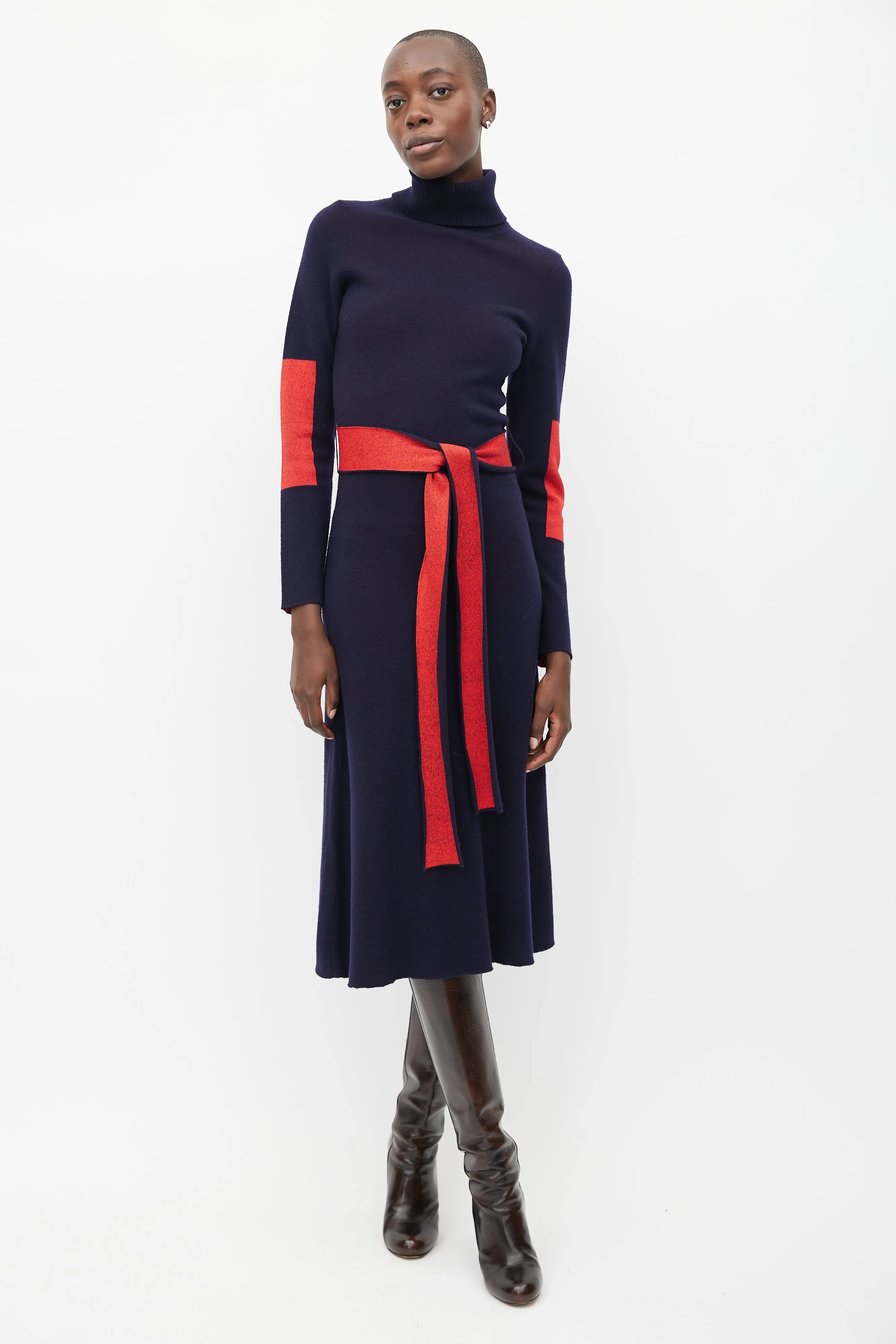 Navy & Red Wool Belted Dress