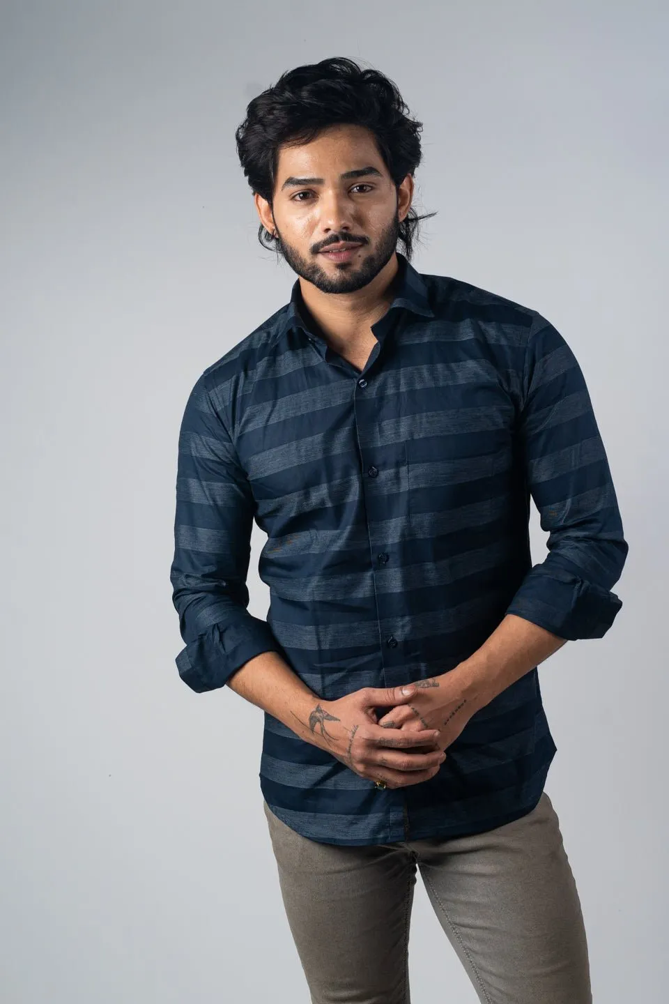 Navy Blue Color Cotton Stripe Shirt For Men