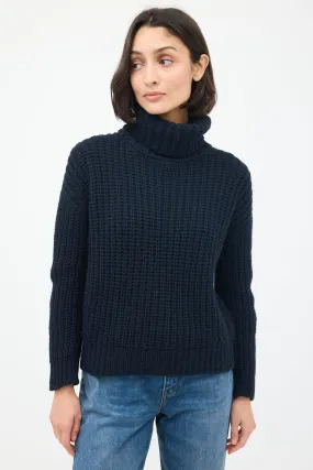 Navy Cashmere Ribbed Turtleneck Sweater