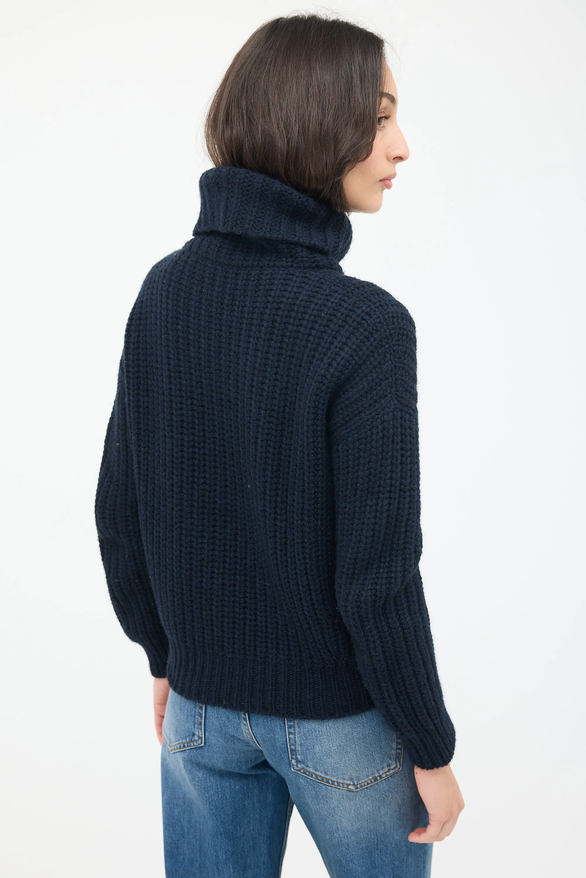 Navy Cashmere Ribbed Turtleneck Sweater