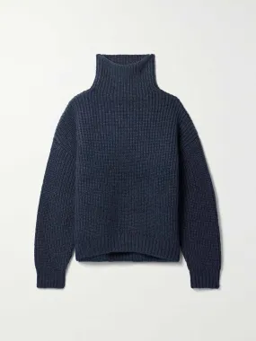 Navy ribbed-knit turtleneck sweater