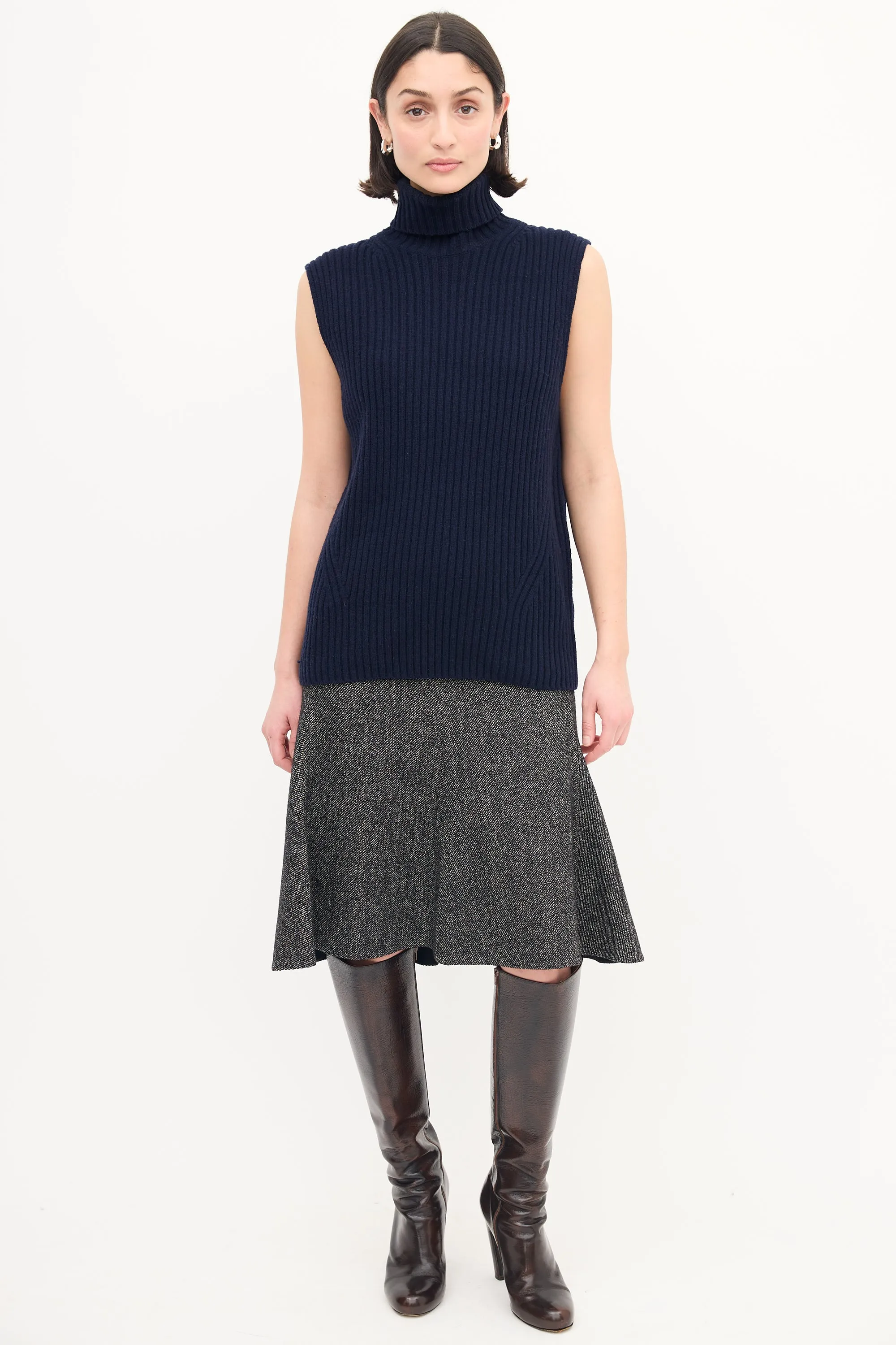 Navy Wool Ribbed Knit Turtleneck Vest