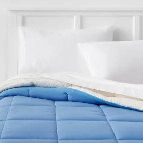 New - Room Essentials Knitted Reversible Comforter Sherpa Solid, Blue, Twin/TwinXL