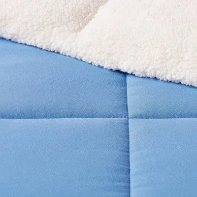 New - Room Essentials Knitted Reversible Comforter Sherpa Solid, Blue, Twin/TwinXL