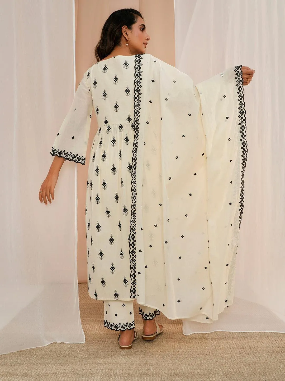 Off White Embroidered Cotton Anarkali Suit With Dupatta