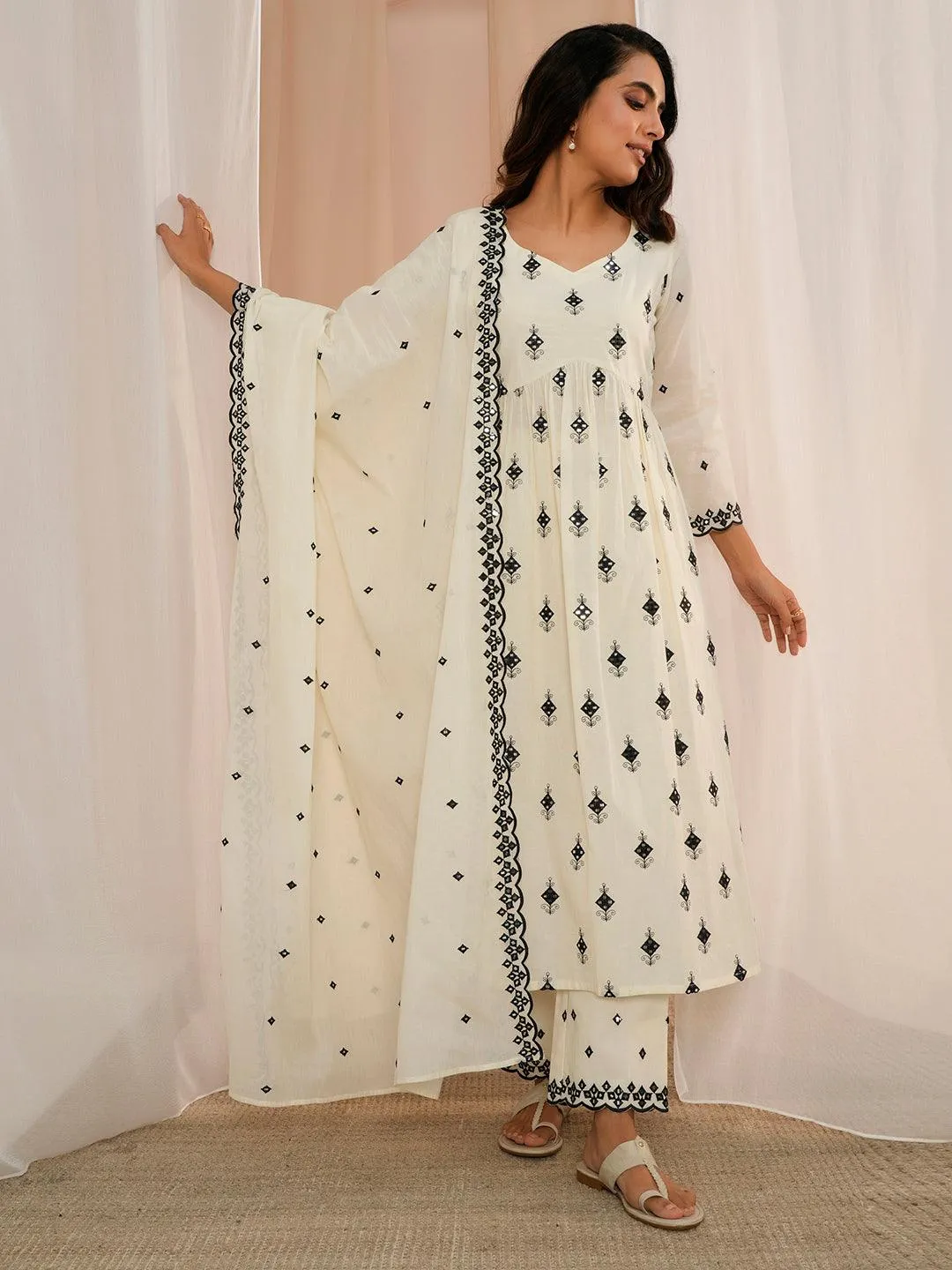 Off White Embroidered Cotton Anarkali Suit With Dupatta