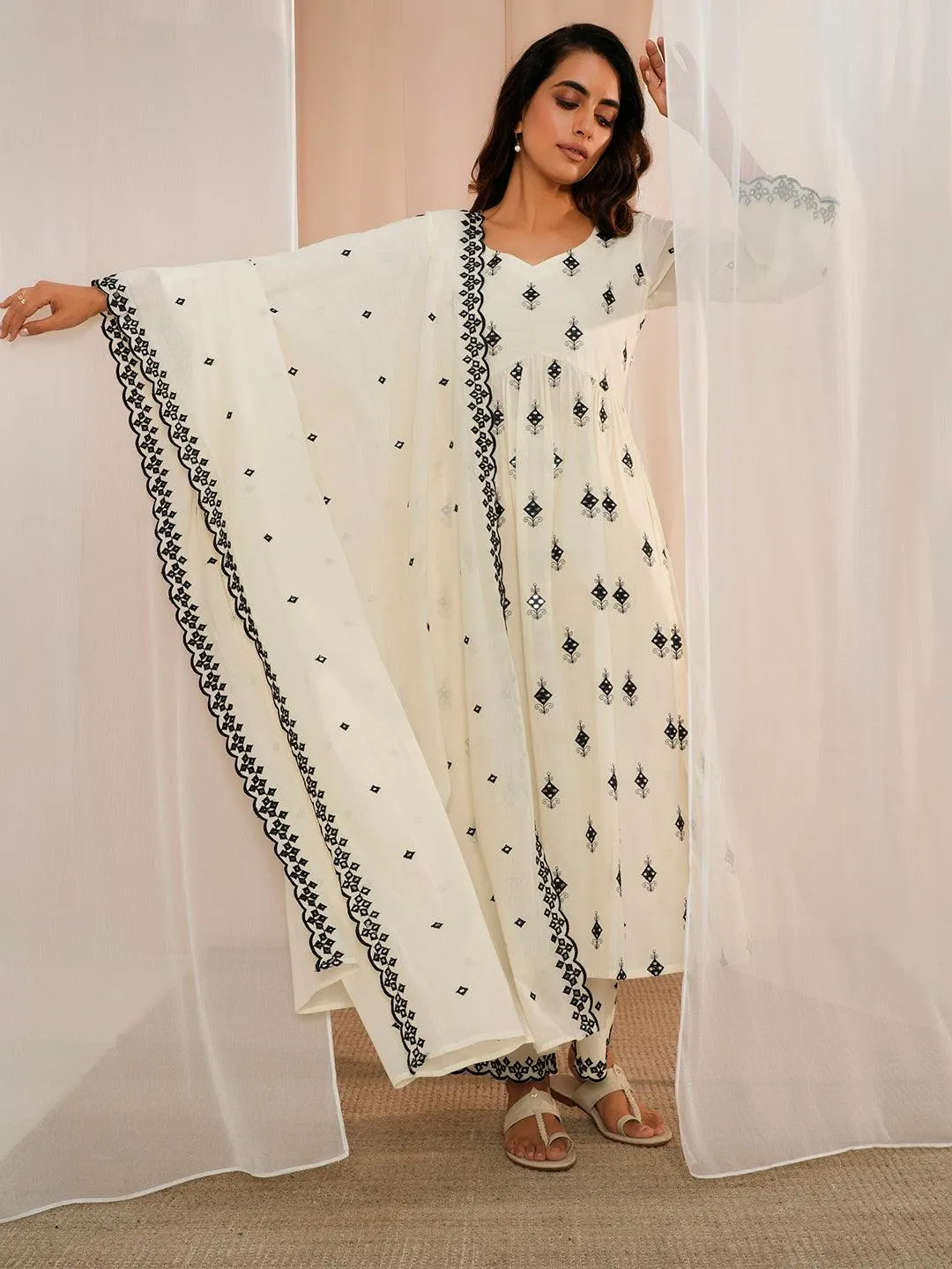 Off White Embroidered Cotton Anarkali Suit With Dupatta