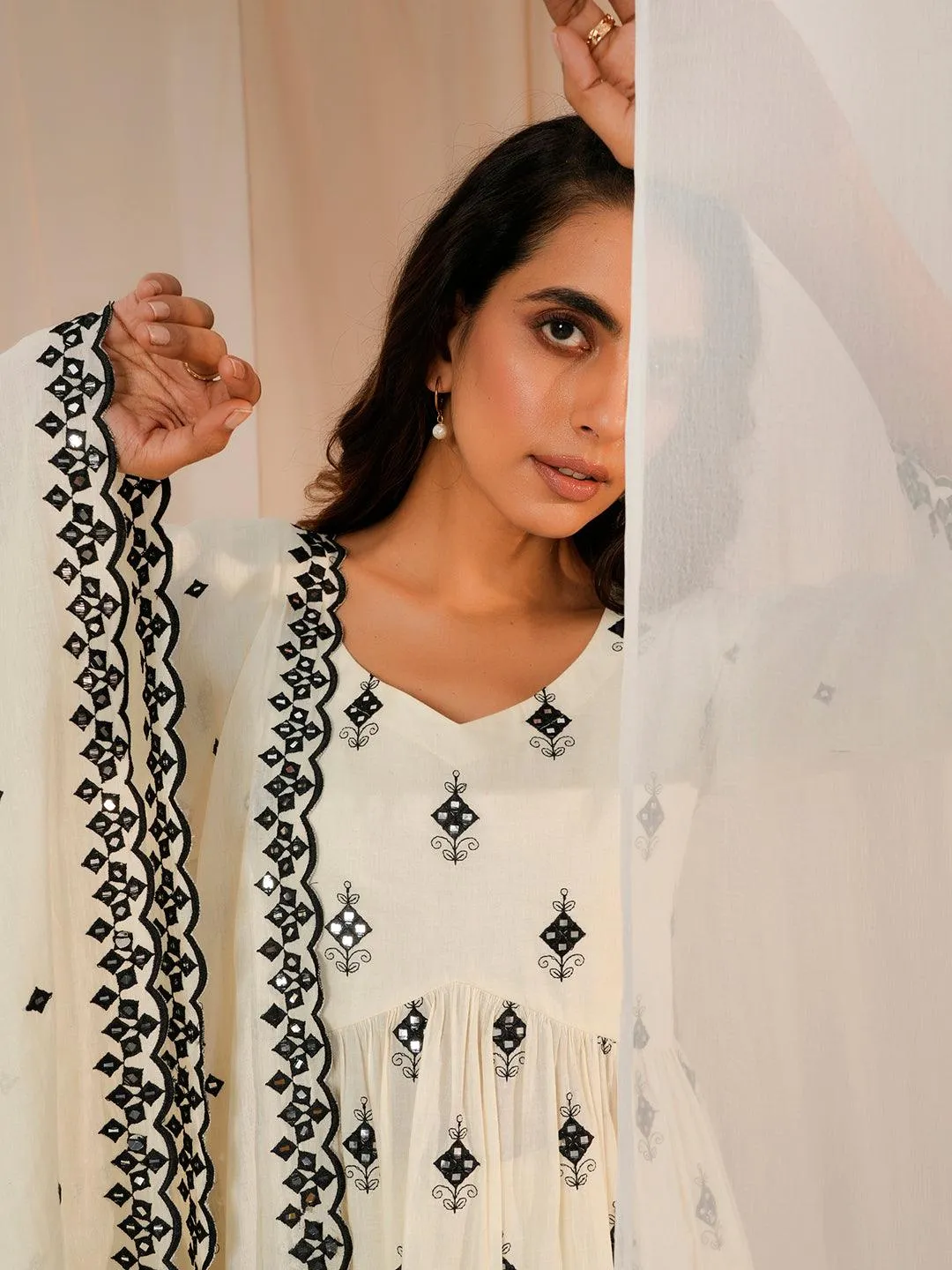 Off White Embroidered Cotton Anarkali Suit With Dupatta