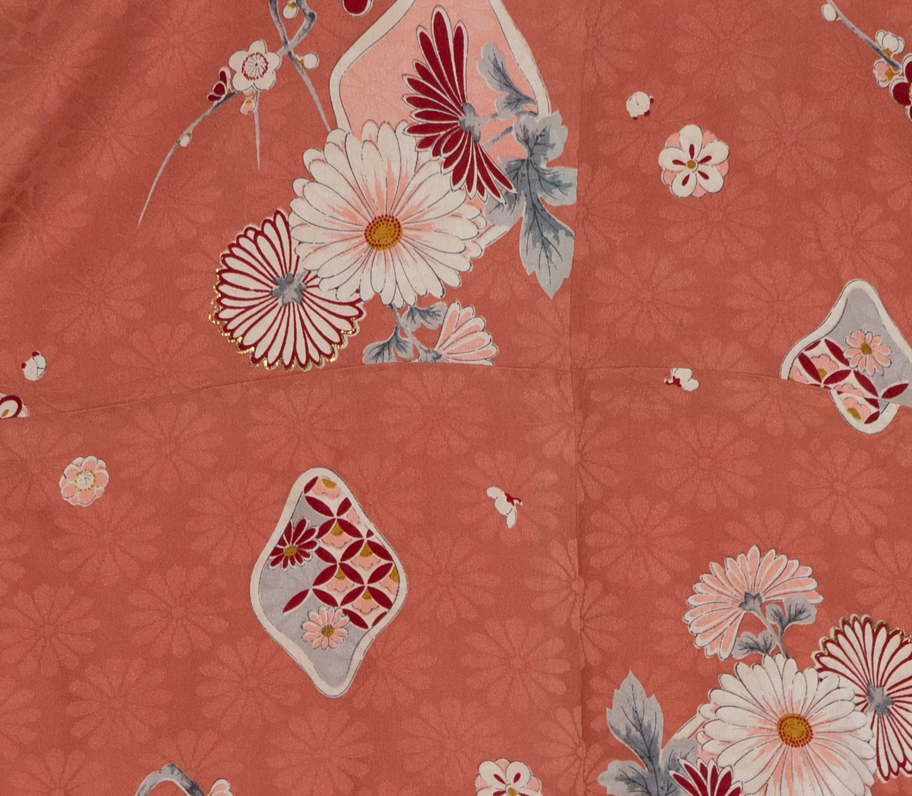 Orange Floral Kimono  - Vintage 1960s Retro Style Traditional Patterns Chrysanthemum Flowers