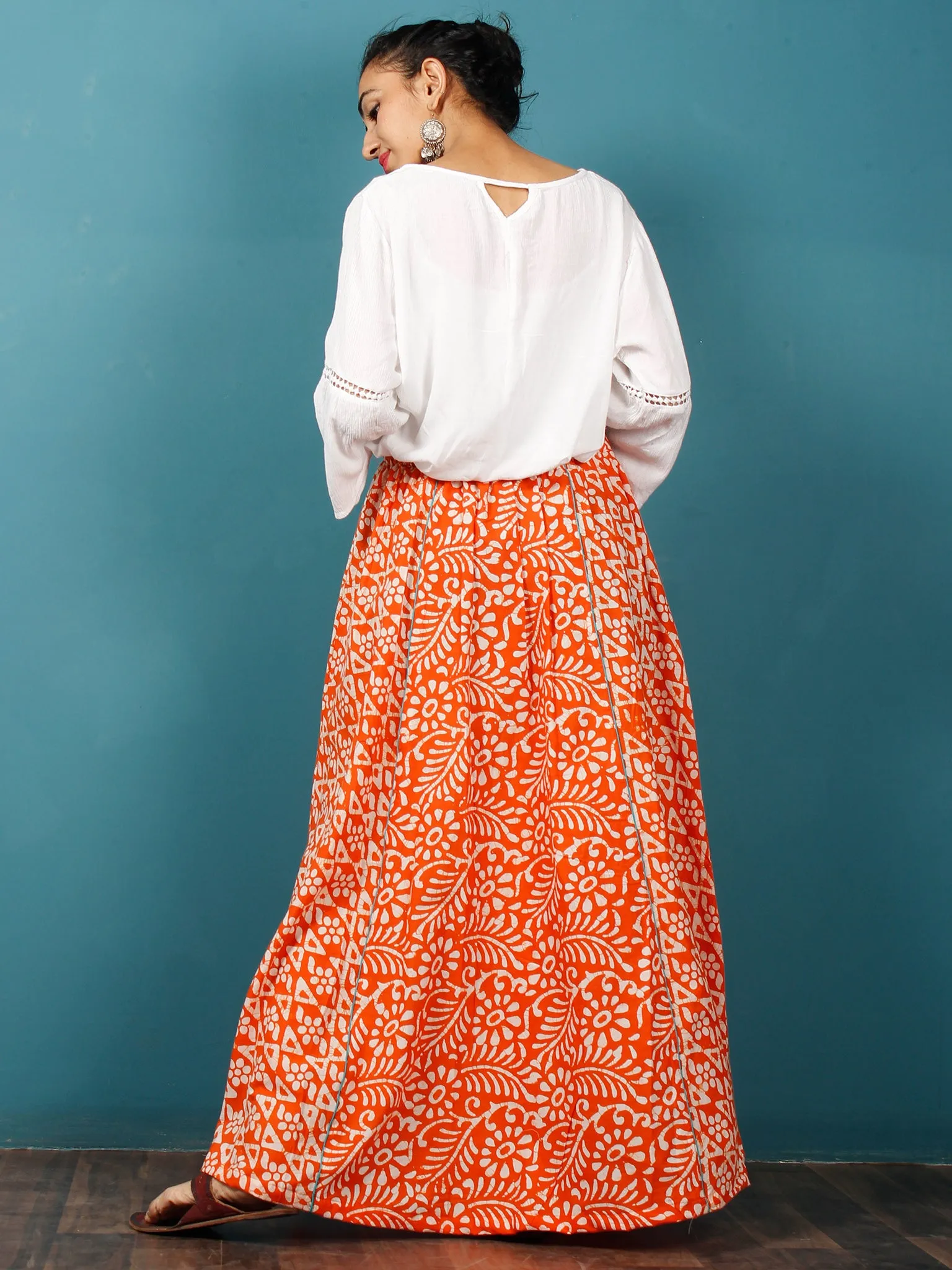 Orange White Teal Green Hand Block Printed Kali Skirt  - S40F340