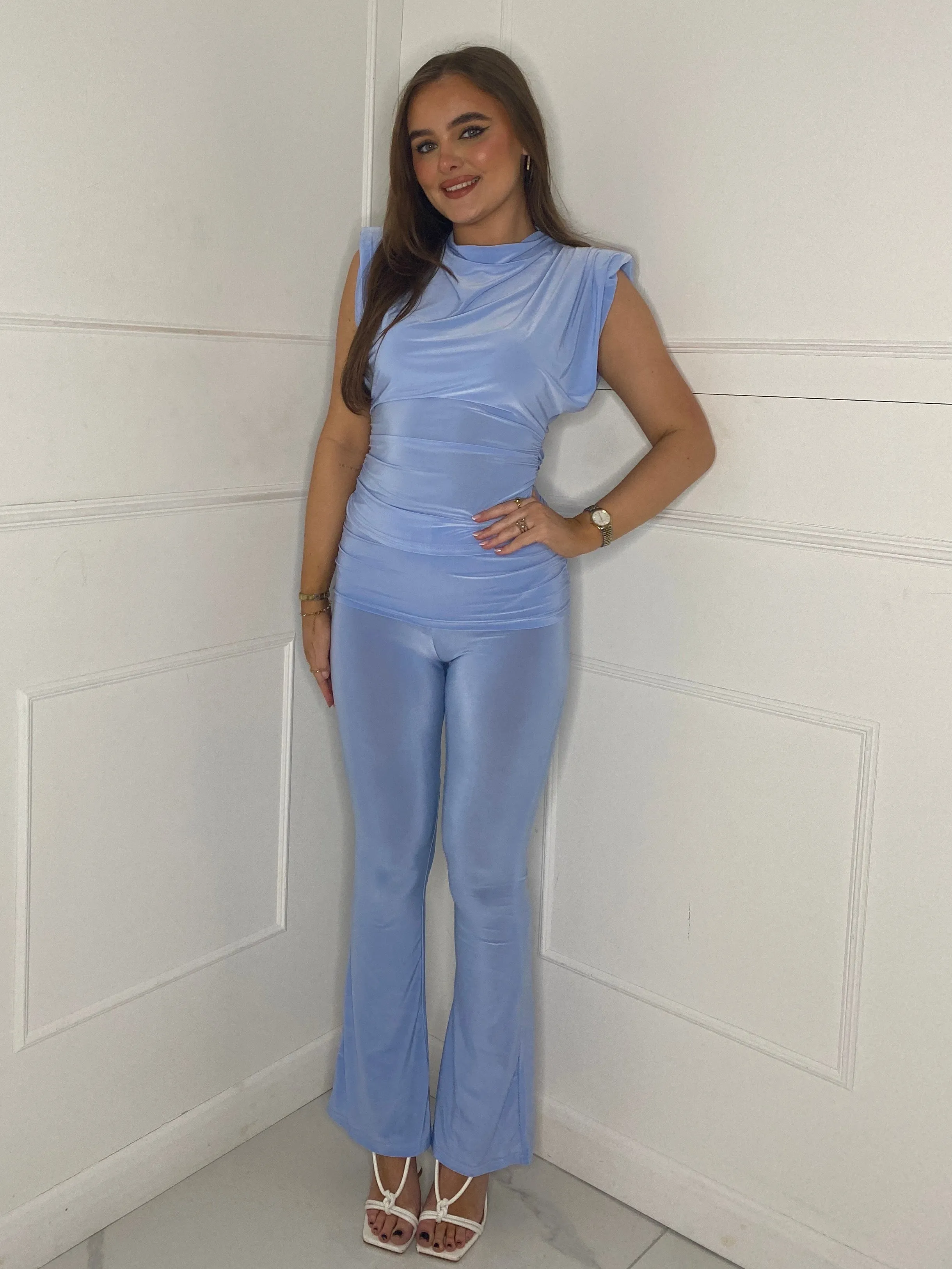 Padded Shoulder Cowl Neck Top & Fold Over Flares set - Baby blue