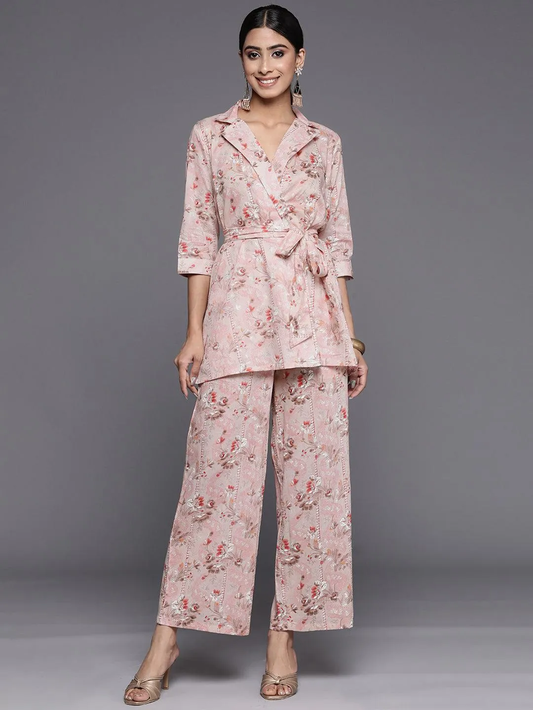 Peach Printed Cotton Shirt With Palazzos