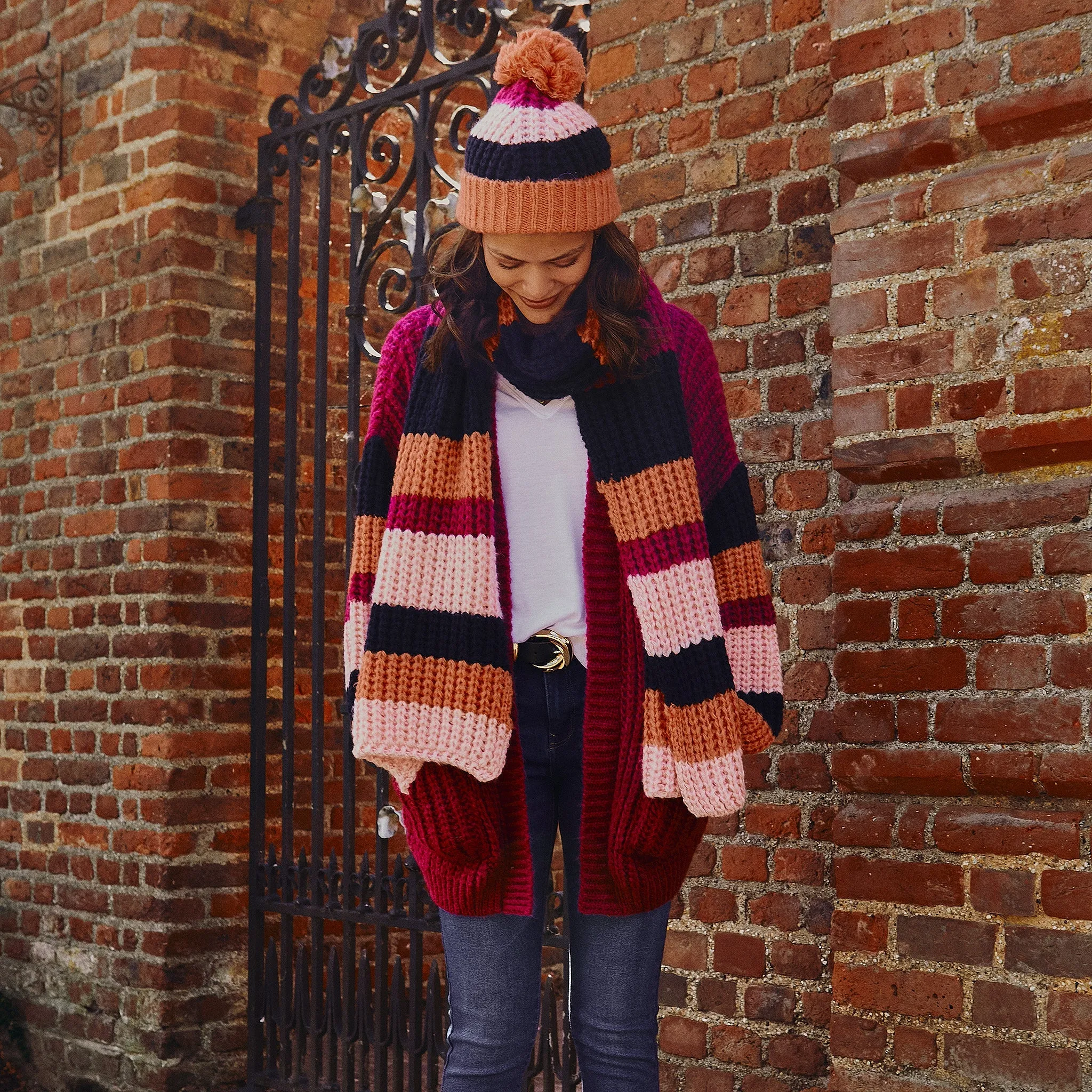 Phoebe Stripe Beanie Bobble Hat - Berry