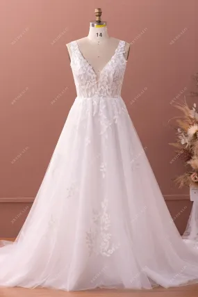 Plunging Neck Leaf Lace Tulle Elegant Fall Wedding Ball Gown