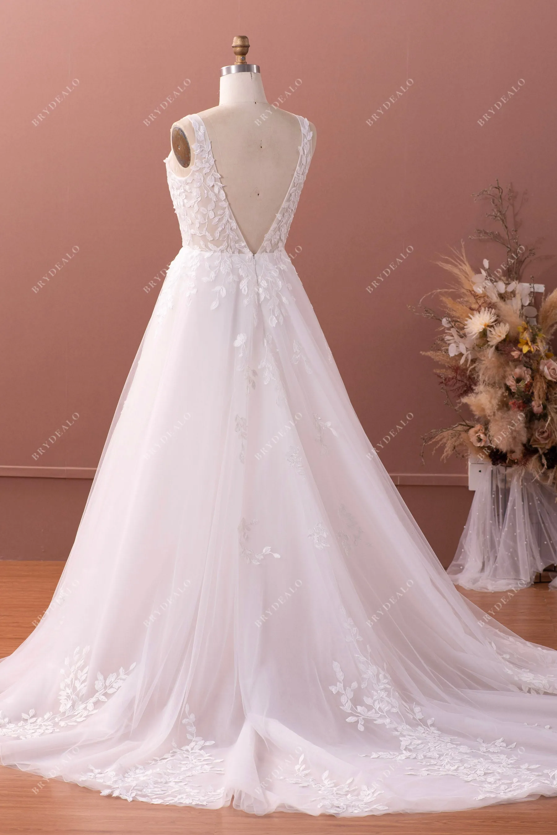 Plunging Neck Leaf Lace Tulle Elegant Fall Wedding Ball Gown