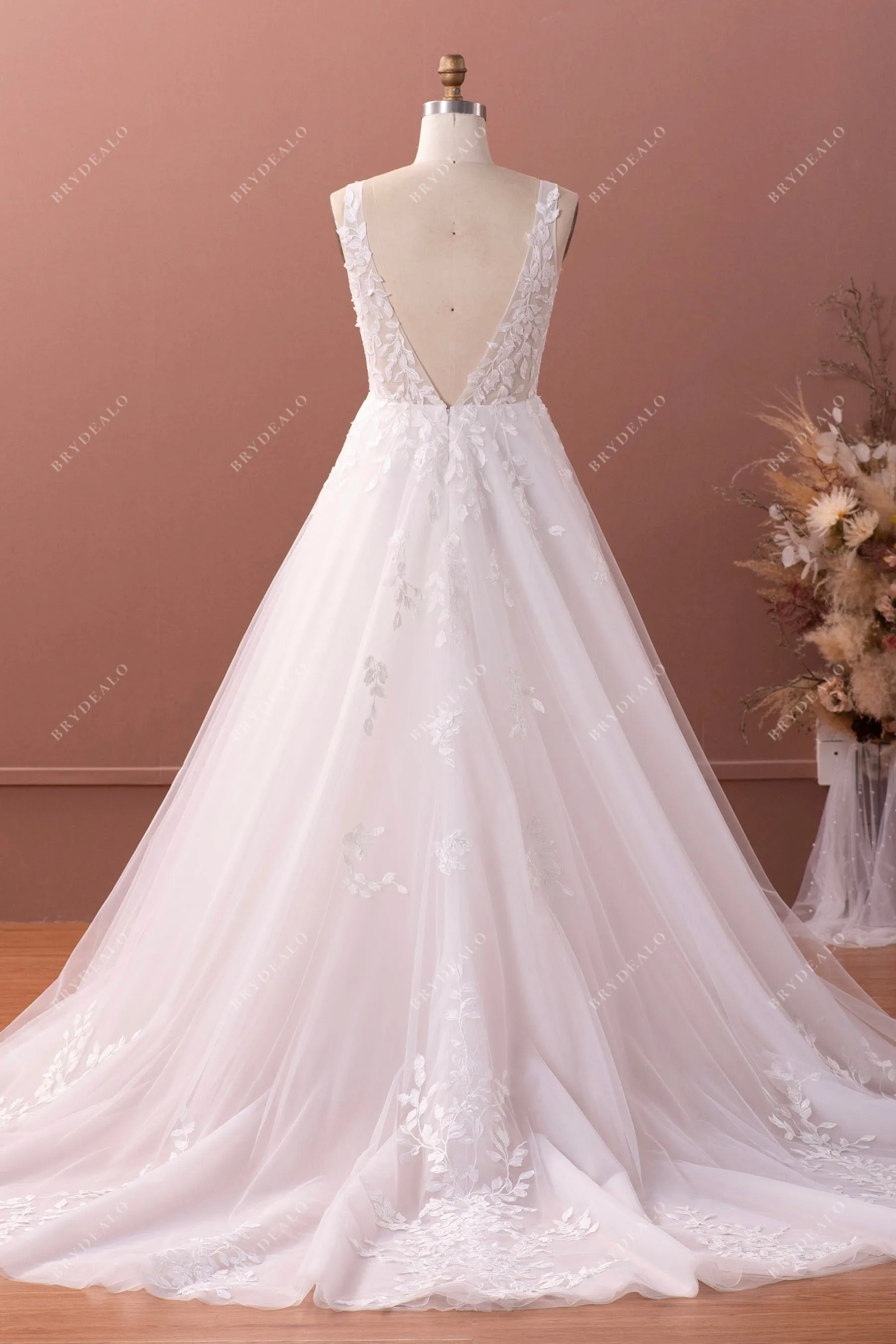 Plunging Neck Leaf Lace Tulle Elegant Fall Wedding Ball Gown